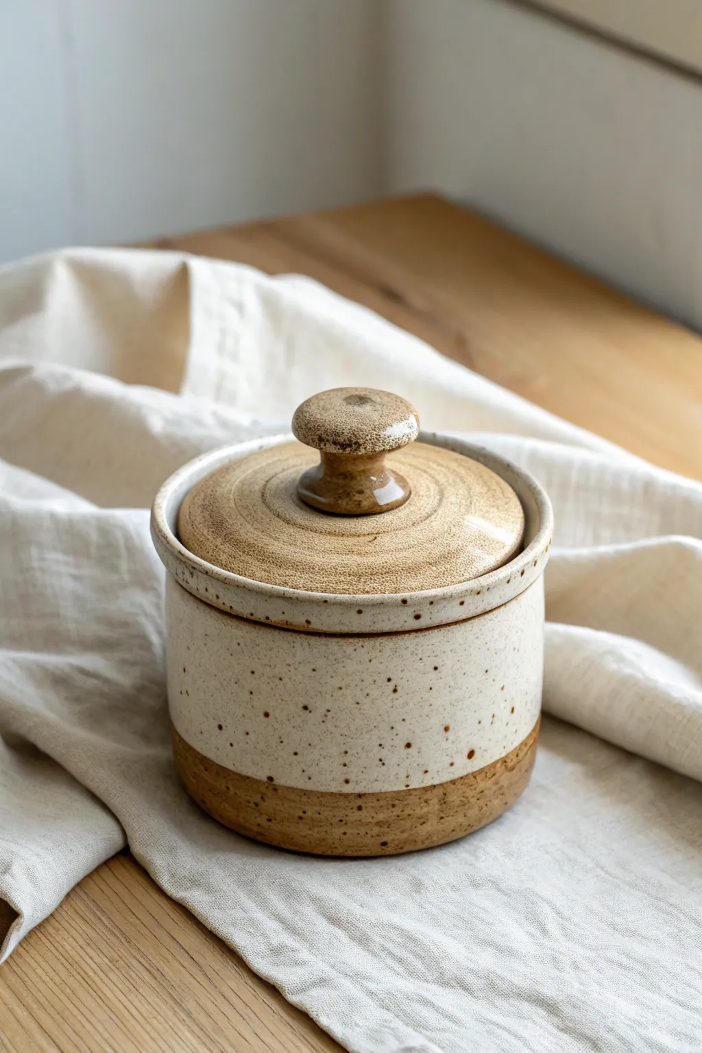 Minimal speckled clay jar with a sweet mushroom knob lid, cozy Scandinavian-boho charm.