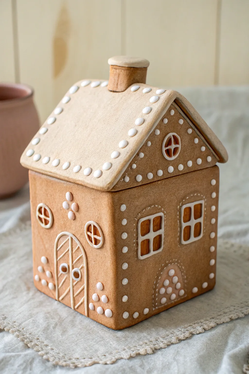 Minimal gingerbread house cookie jar in warm clay tones with simple icing details and cozy contrast