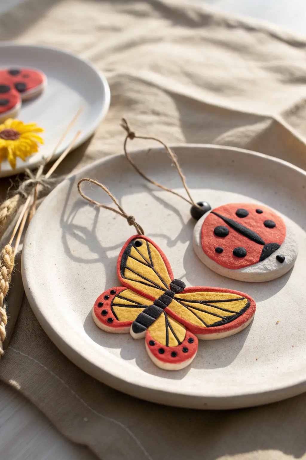 Cute clay butterfly and ladybug on a white plate, bold patterns and Scandinavian calm vibe.