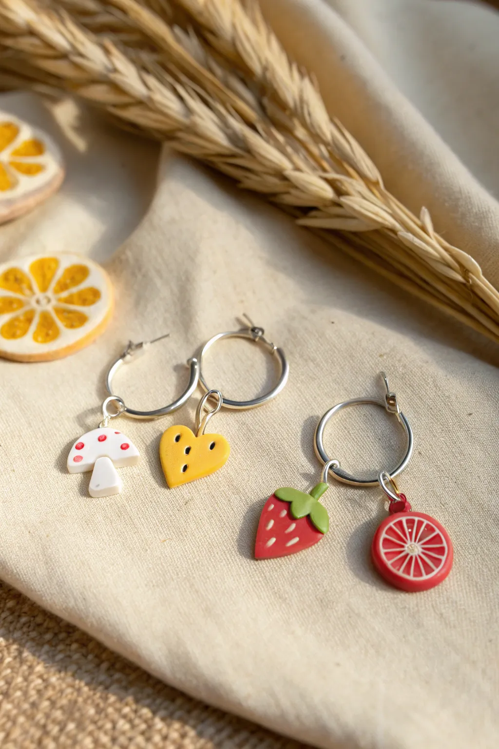 Chunky hoops with tiny clay hearts, mushrooms, and fruity charms in bright colors on neutral linen.