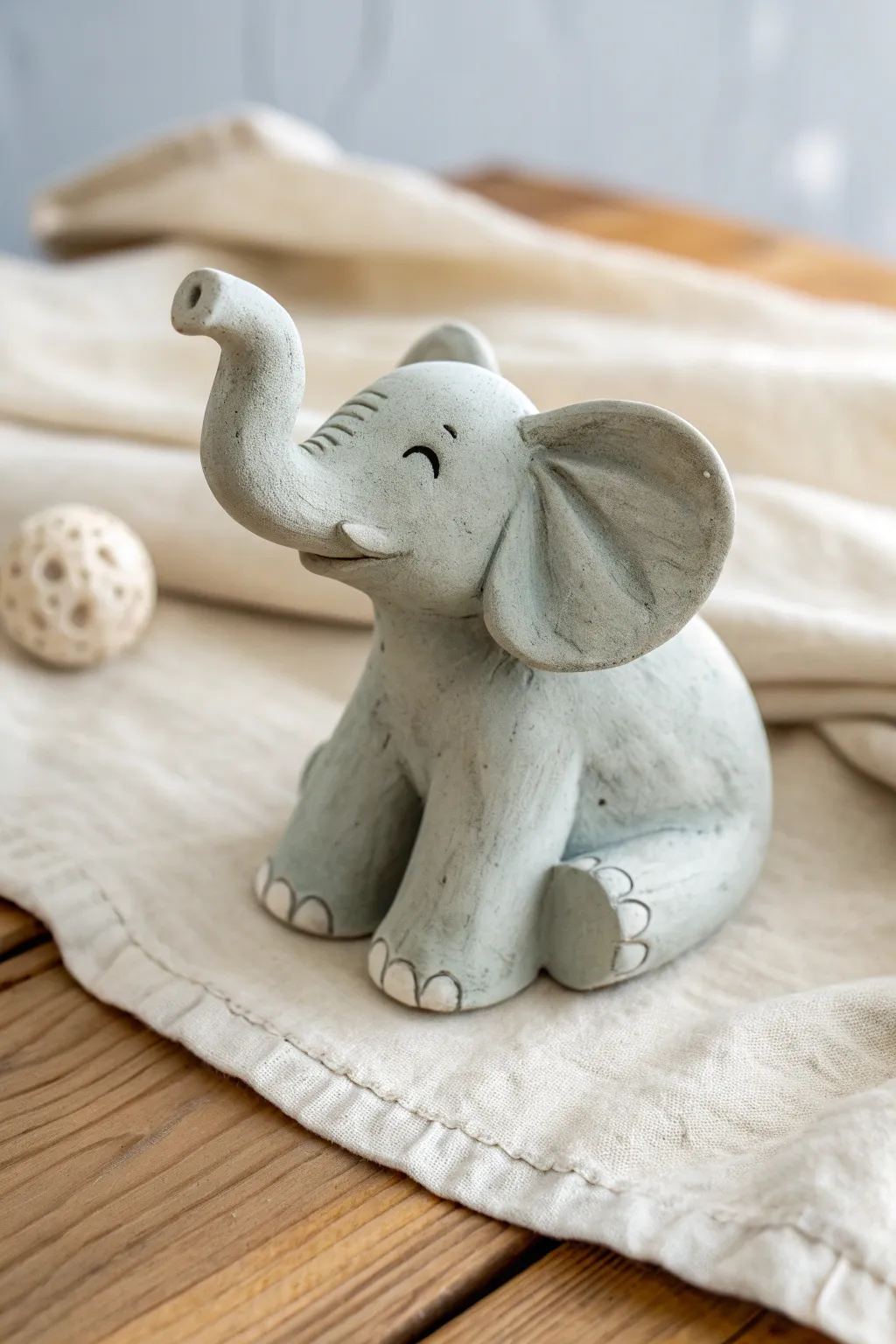 Sweet coil-trunk elephant in soft gray, simple toes and big ears for an easy clay creature.