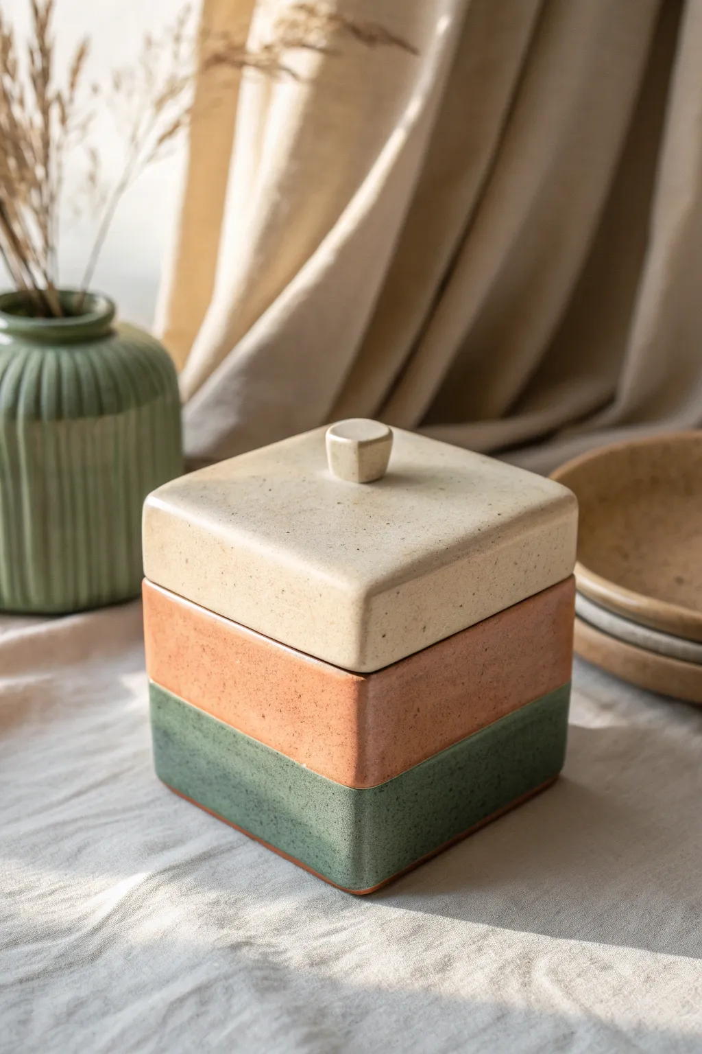 Color-blocked clay cube box with crisp edges and matte glaze for a minimalist, boho look