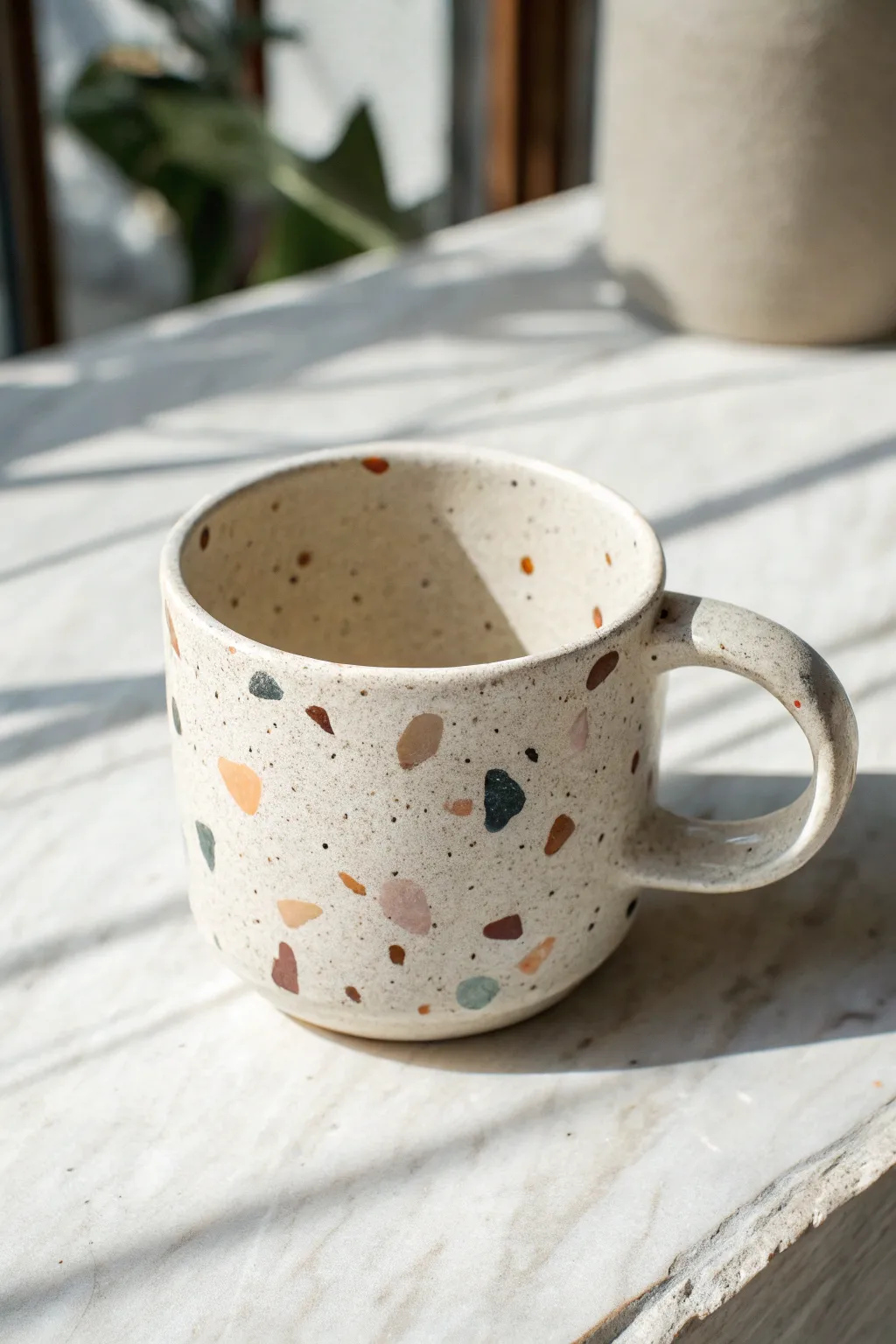 Terrazzo speck inlay cup idea: playful clay chips in a clean, minimalist Scandinavian form