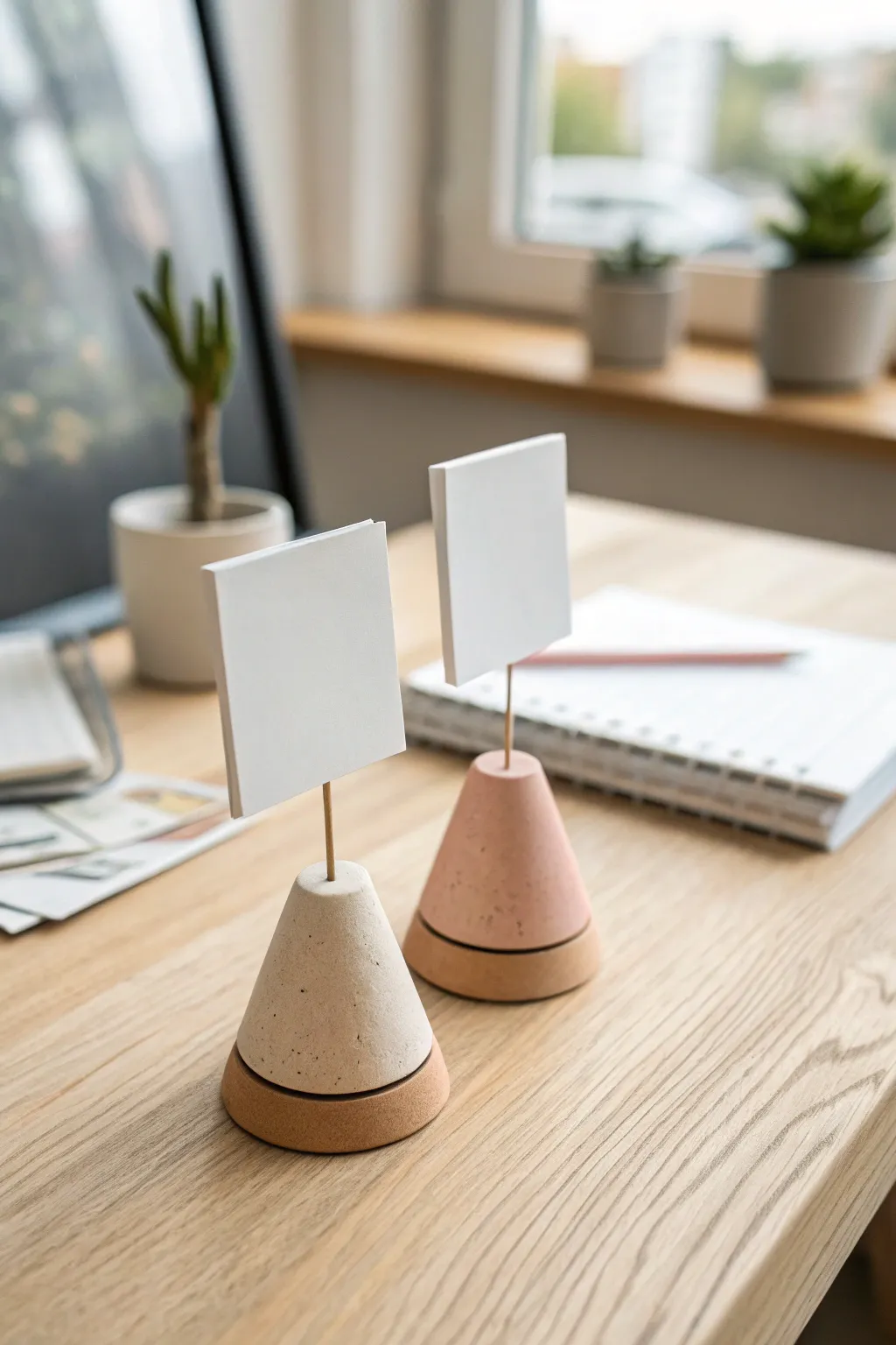 Sweet mini clay photo holder pair for a cozy clay date, minimalist desk styling and soft boho tones