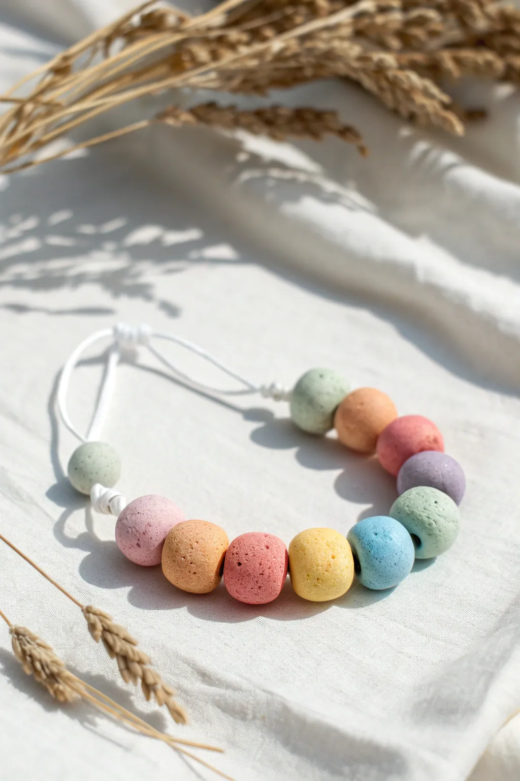 Chunky rainbow clay bead bracelet in a simple circle, bright and easy for kids to recreate.
