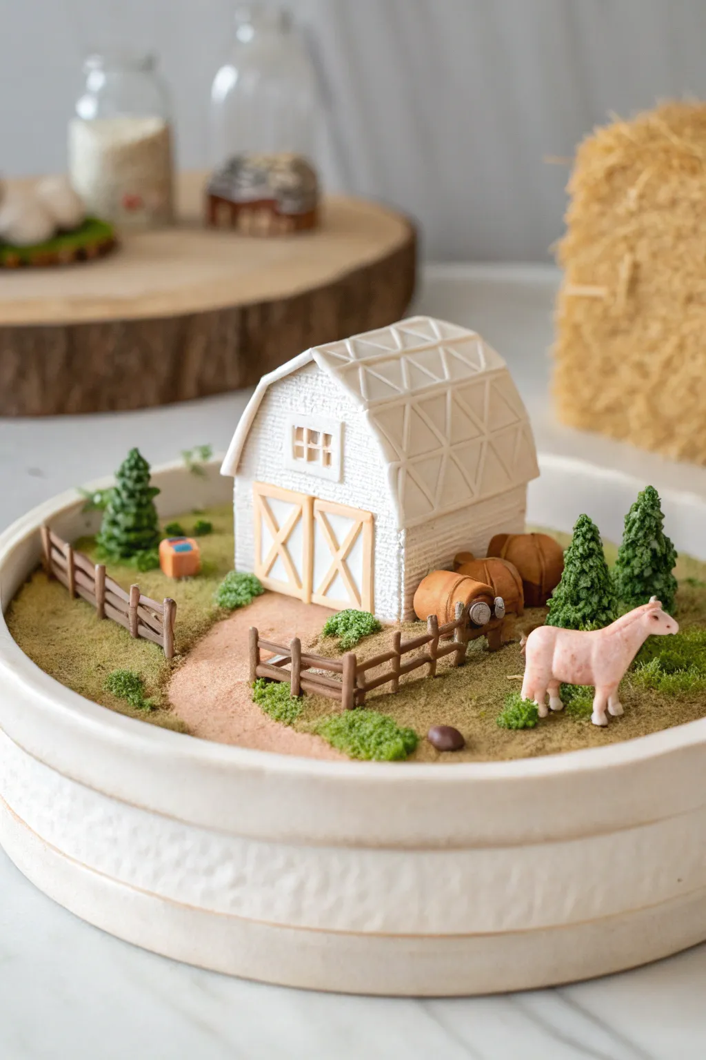 Sweet farmyard mini clay diorama with barn, paddock, and hay bales in calm Nordic style.