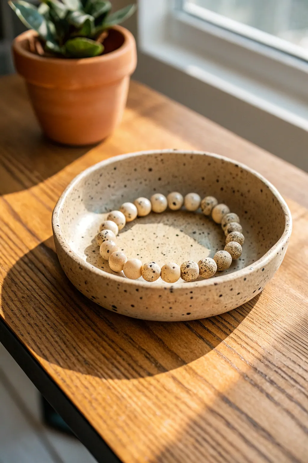 Speckled stoneware-look dish on warm wood, styled with a simple ceramic bead bracelet.