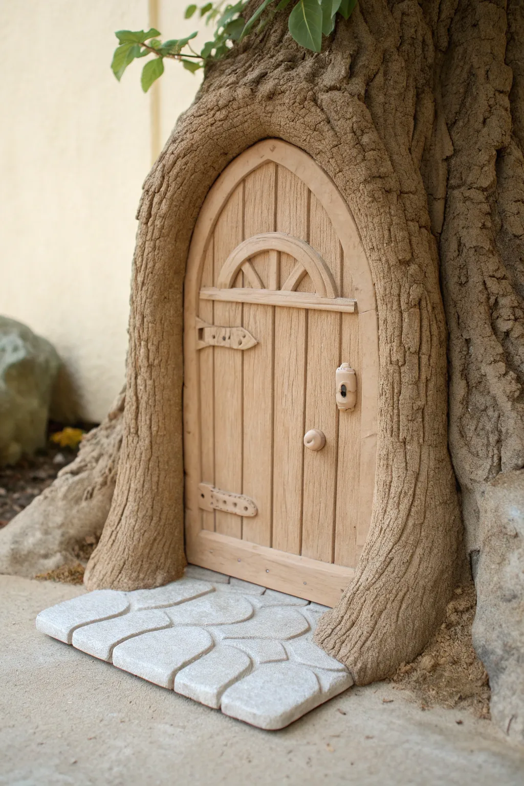Whimsical clay tree-trunk door with bark texture and gentle roots for cozy fairy vibes.