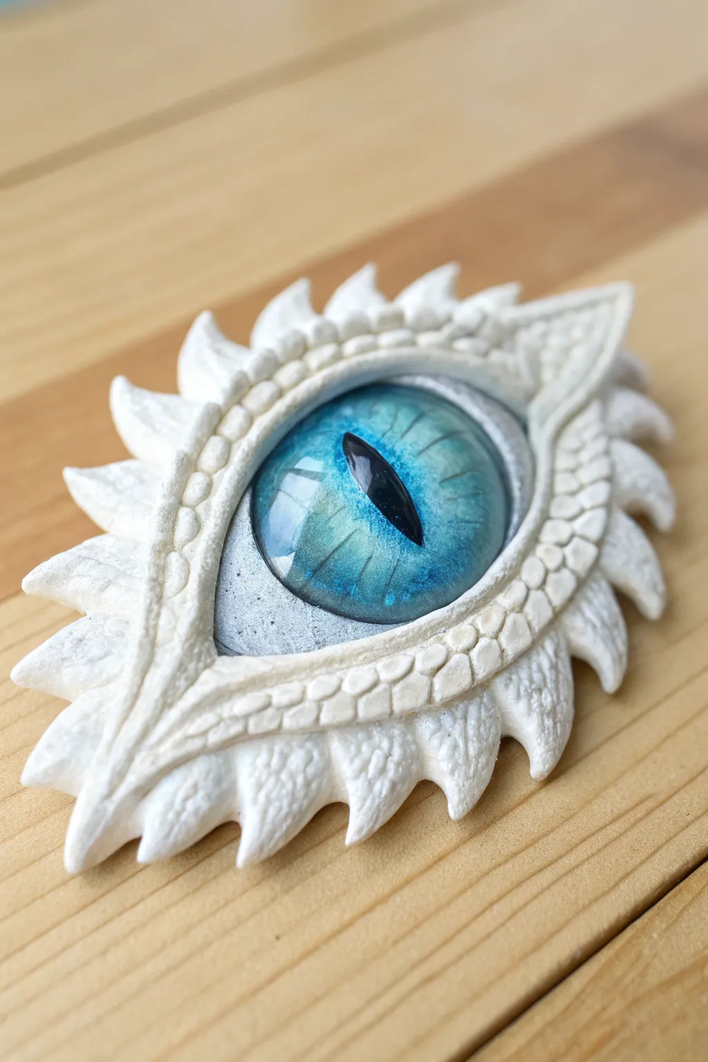 Ice dragon eye in clay with frosted scale edges and a cool blue iris, minimal and serene