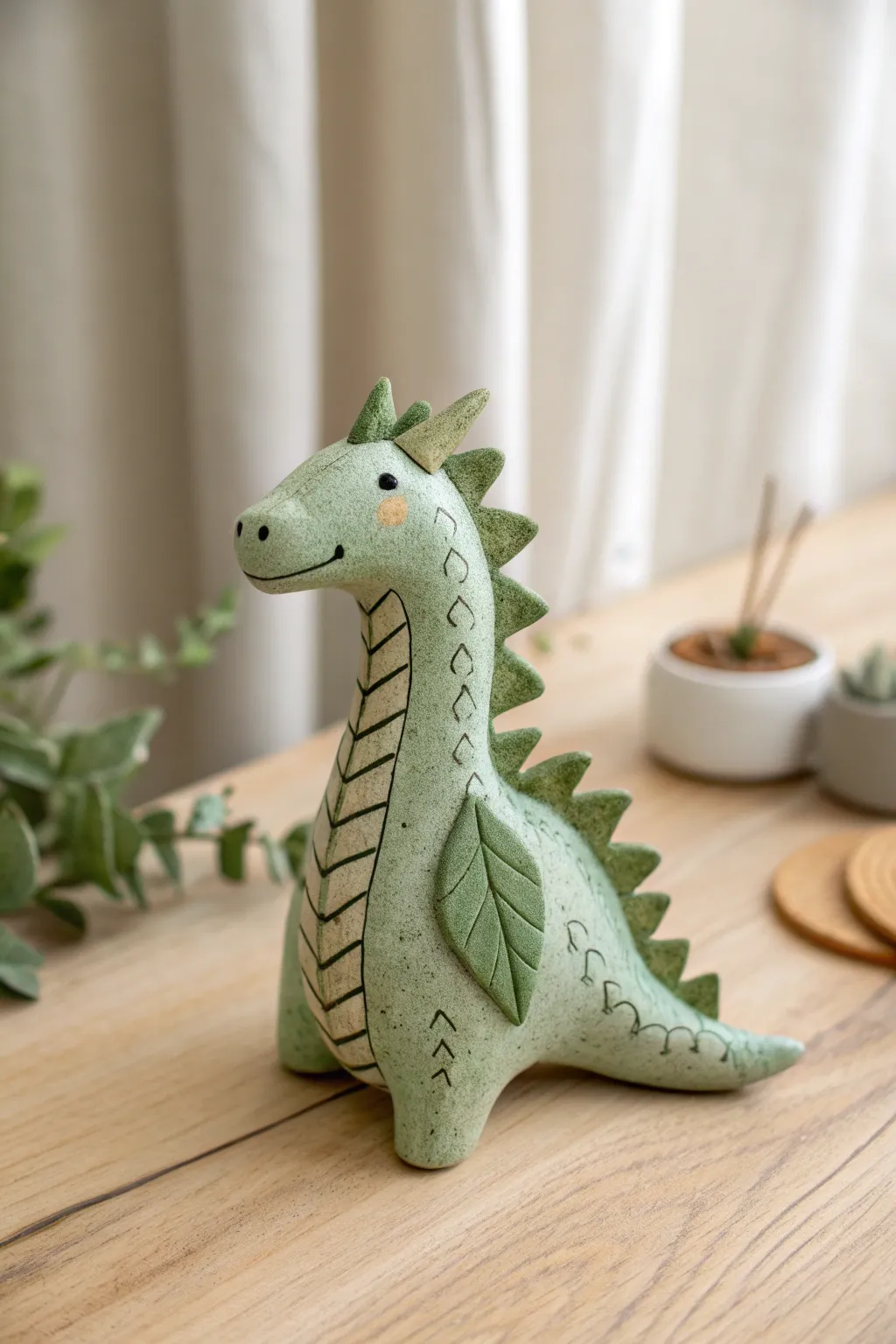 Simple forest clay dragon with leafy spine details, Scandinavian minimal styling, calming greens