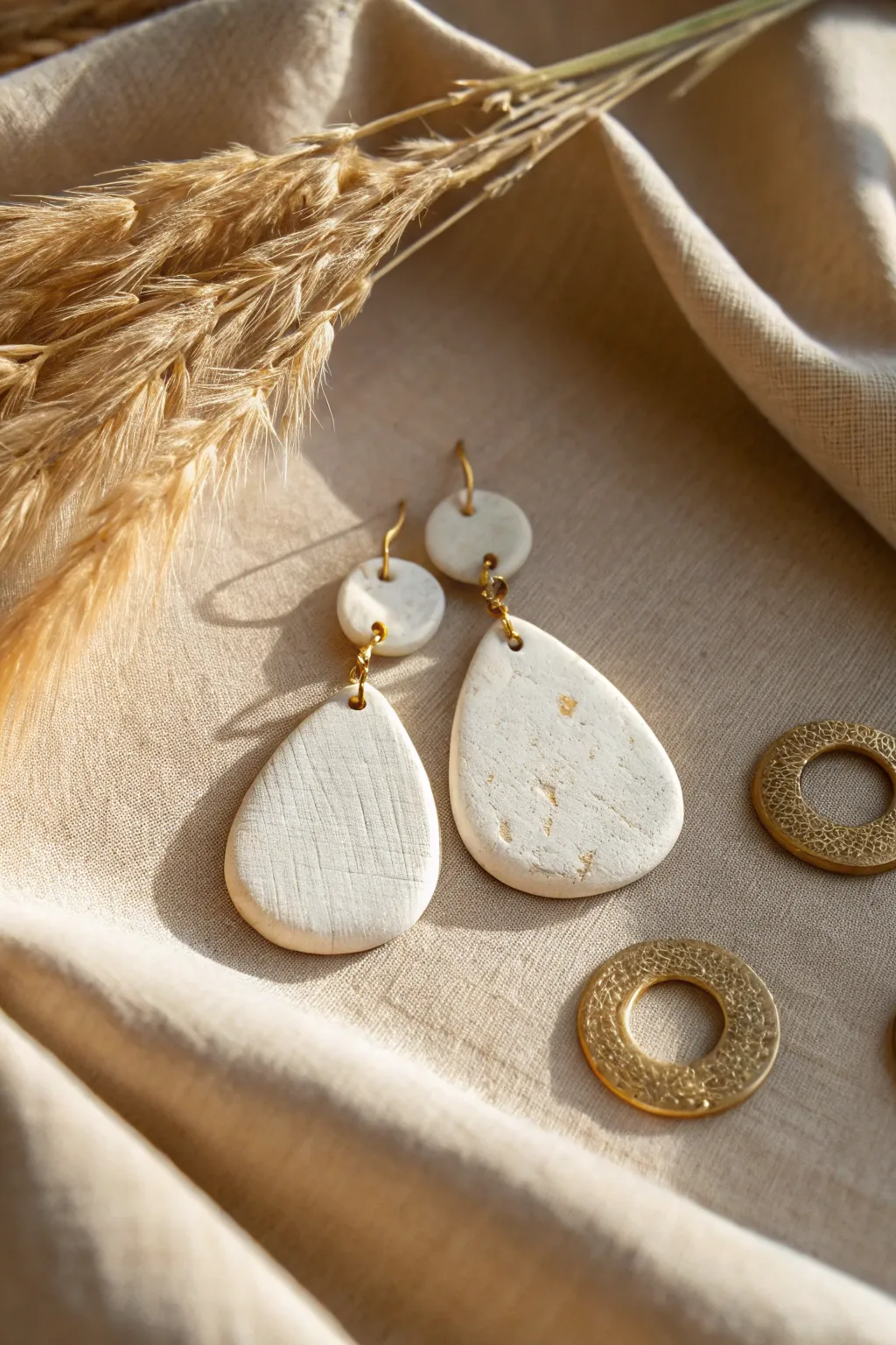 Beginner-friendly linen-imprint organic drop earrings with a soft, cozy minimalist look.