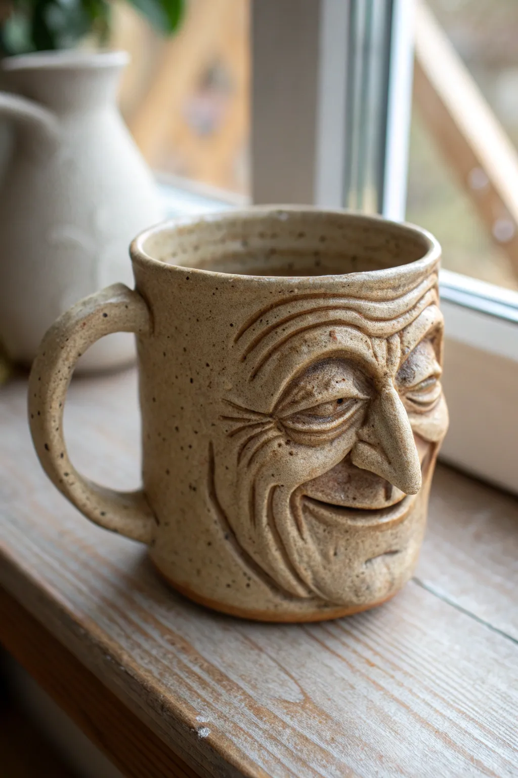 Old soul clay face with carved wrinkles and warm earthy glaze, simple folk-art charm.