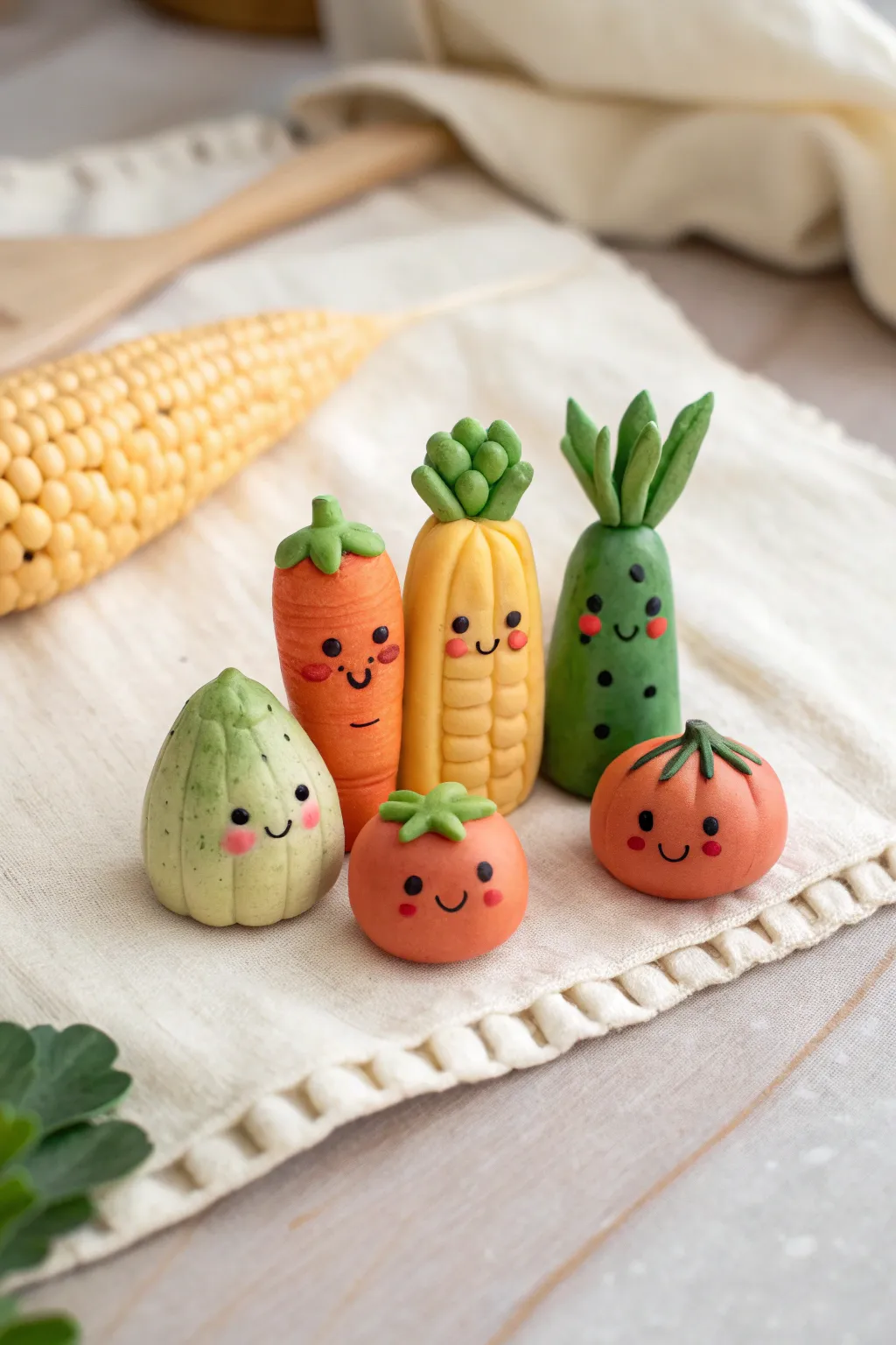 A cheerful veggie clay gang with matching faces, minimalist styling, and warm natural contrast