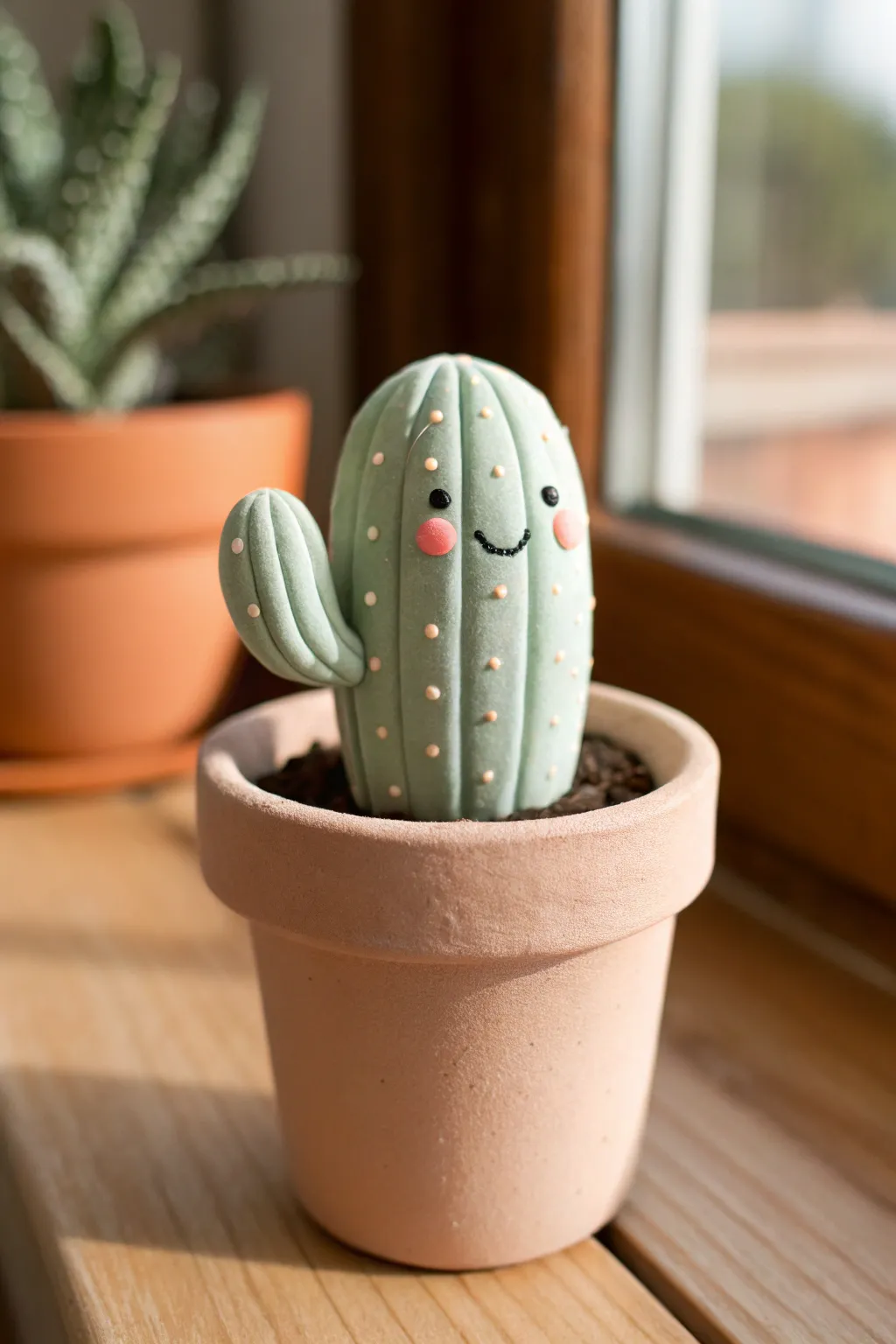Minimal clay cactus pot figurine with a sweet smiling face, simple shapes, cozy Nordic vibe