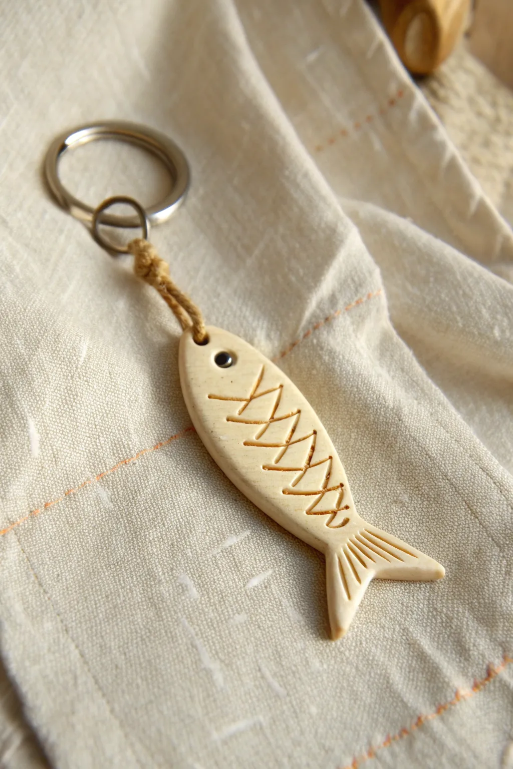 Minimal clay fish charm with glossy glaze, simple etched details, and calm Scandinavian styling