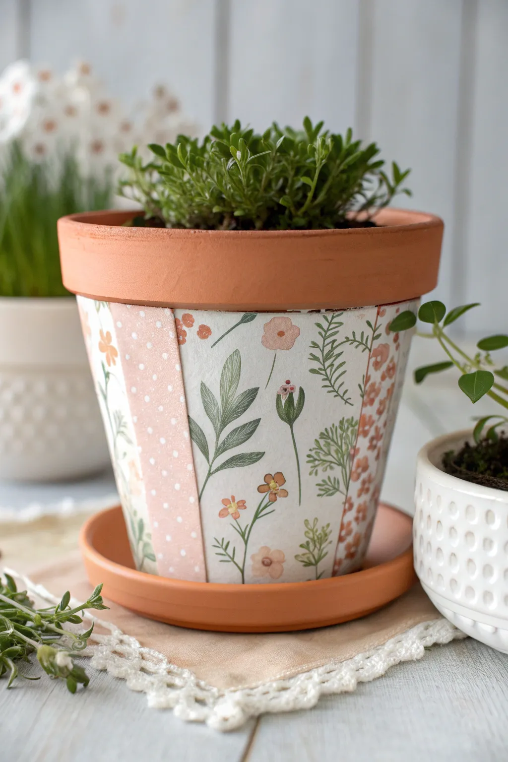 Floral decoupage terracotta pot with soft botanicals and a hint of greenery for cozy cottage charm.