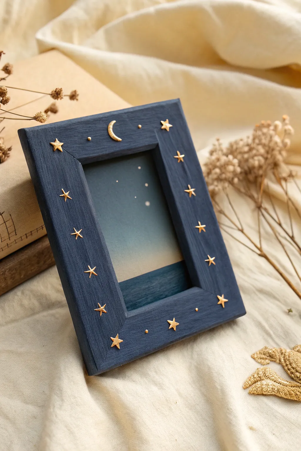 Midnight blue clay frame with gold moon and stars, a dreamy celestial accent for any photo