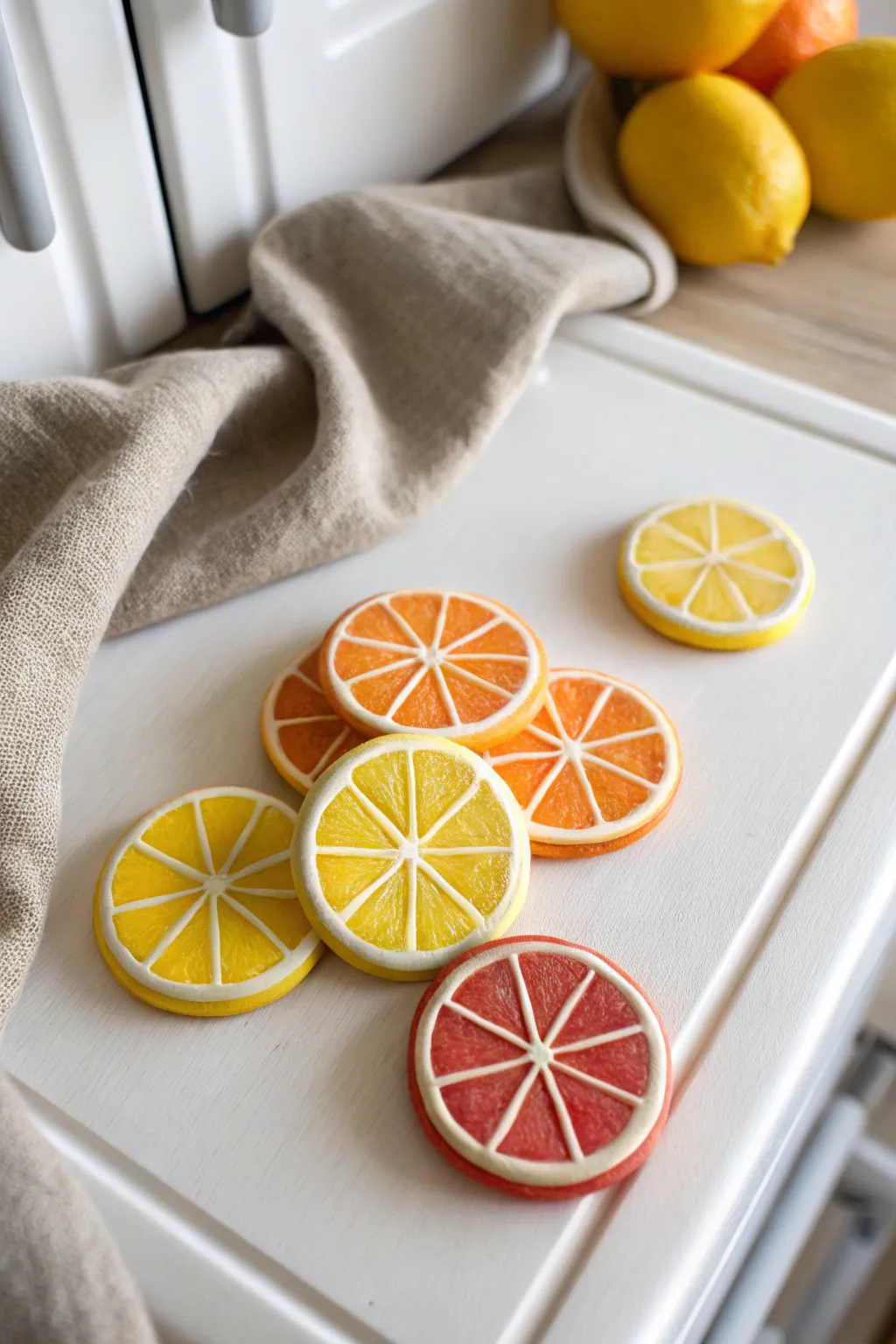 Bright citrus slice clay magnets add a fresh pop of color to a calm, minimal fridge setup.