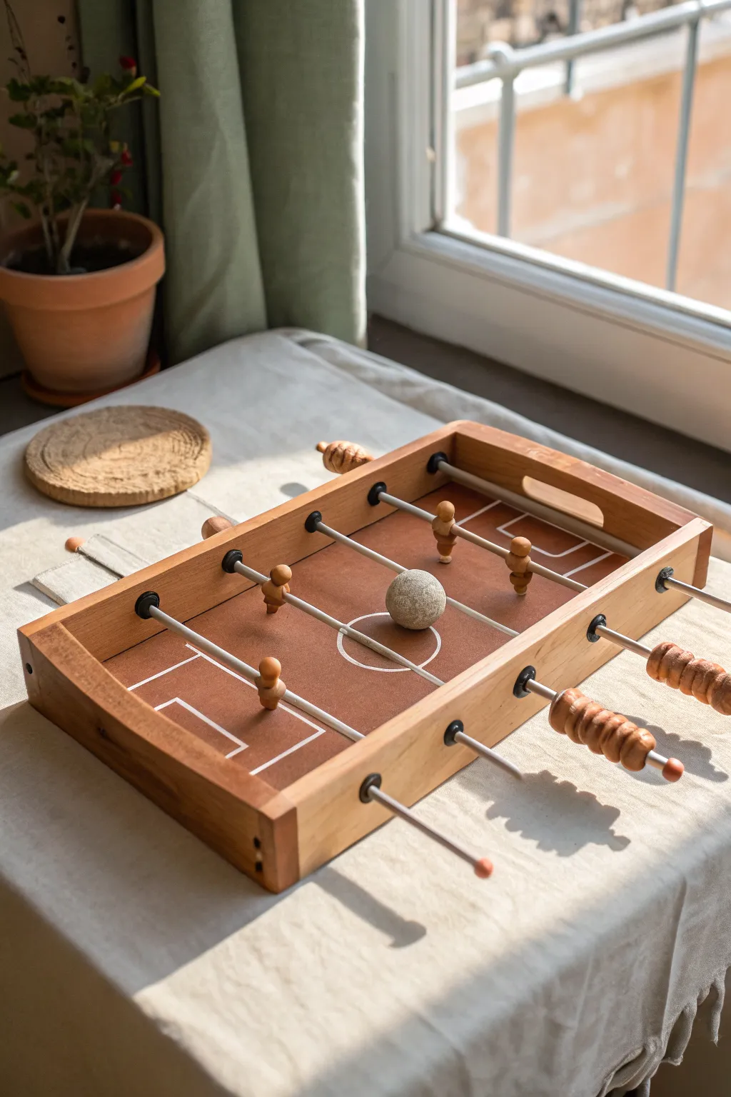 DIY clay flick football field with mini goals and a smooth disc ball, Scandinavian boho vibe.
