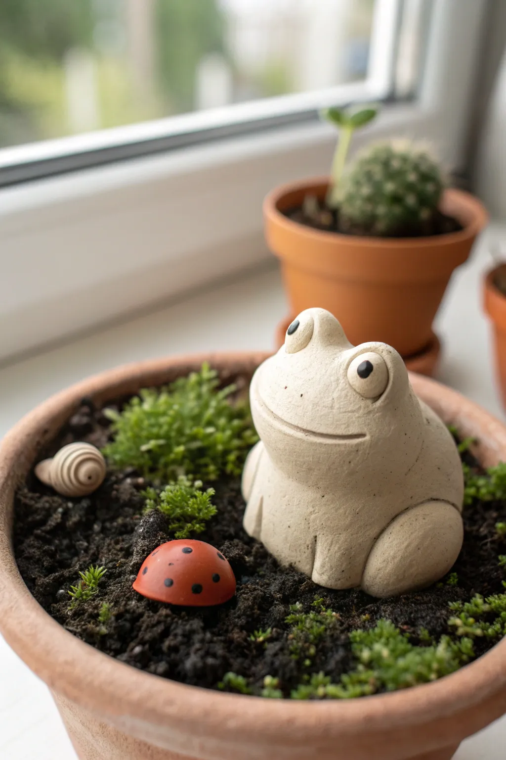 Cute clay frog with tiny garden friends, nestled in mossy soil for simple pot decor.