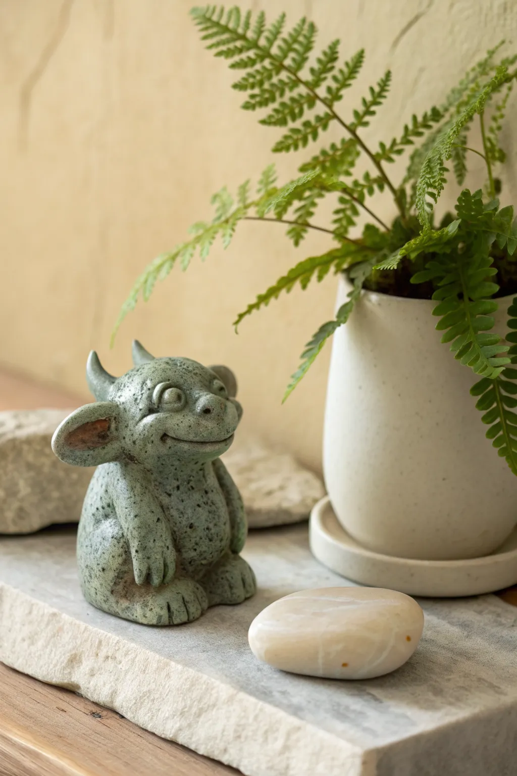 Mossy patina clay gargoyle with an aged stone look, styled simply beside a small fern.