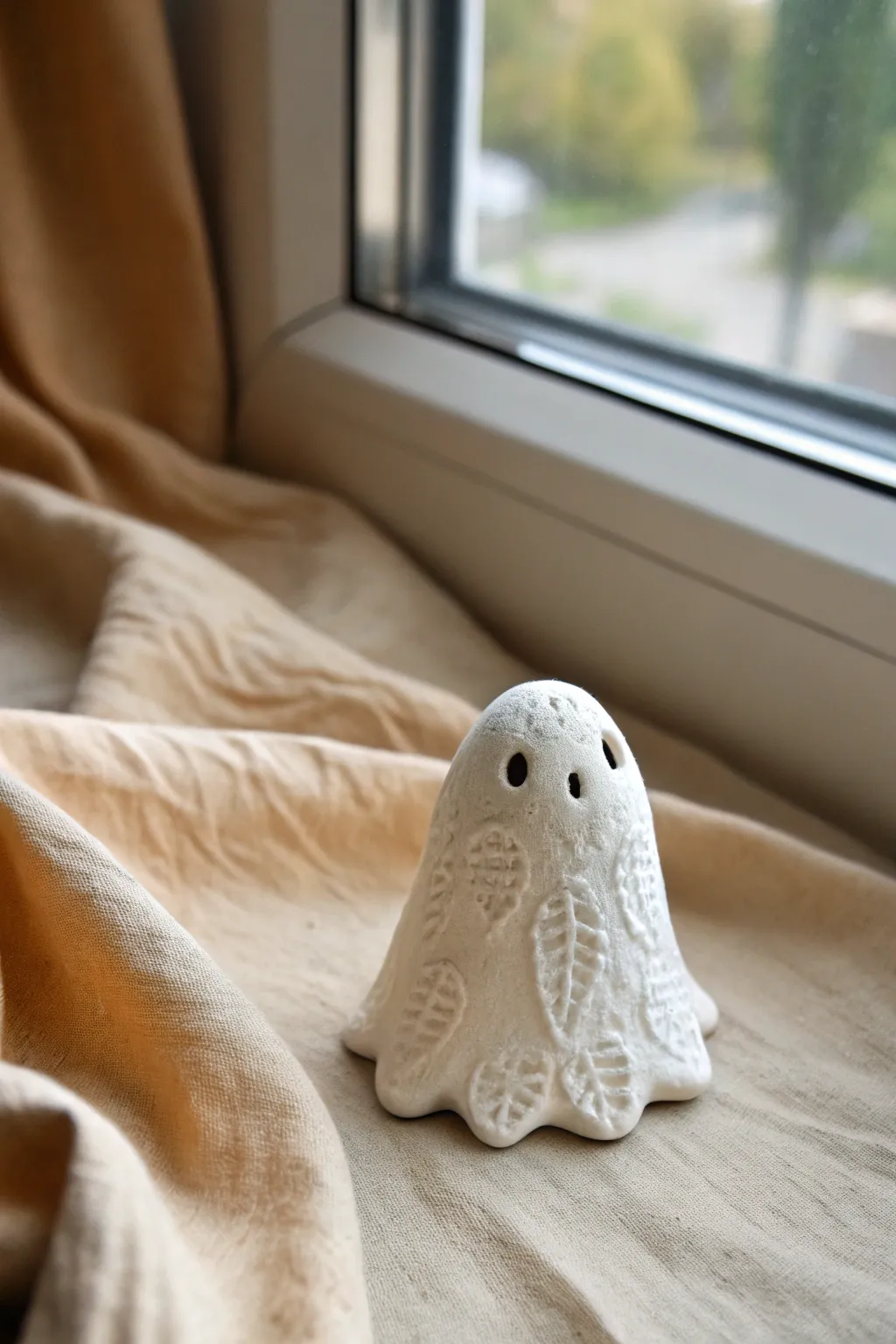 Matte lace-imprint clay ghost, close-up texture for cozy minimalist Halloween decor