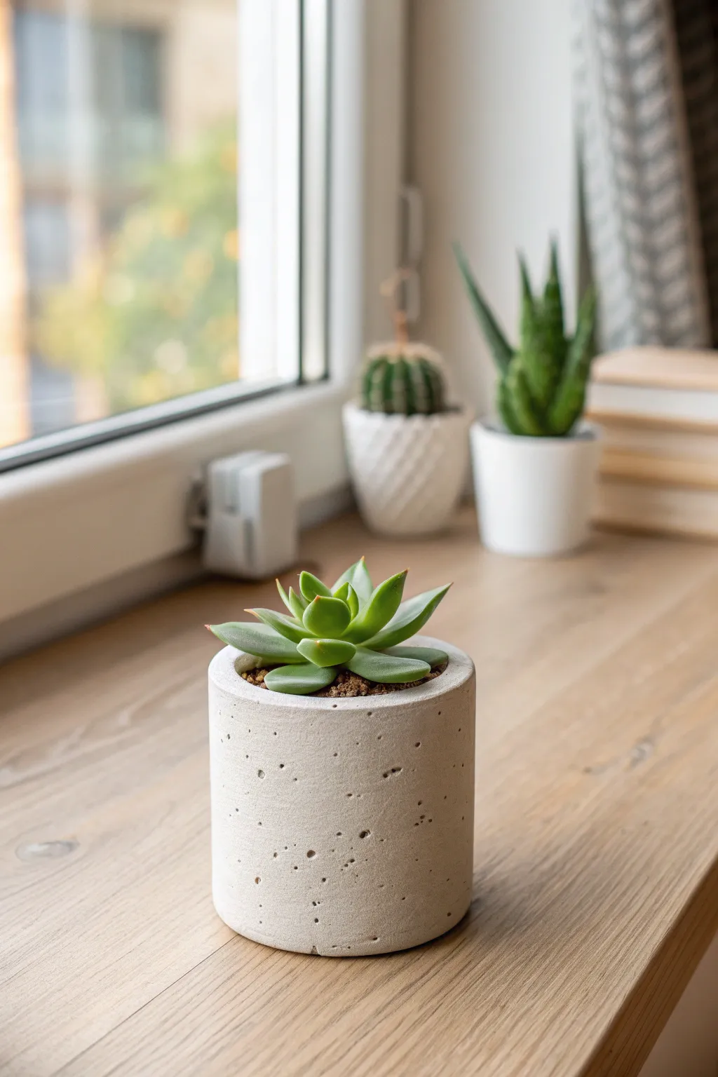 Minimal concrete-look succulent planter, a clean handmade desk gift idea with Scandinavian calm