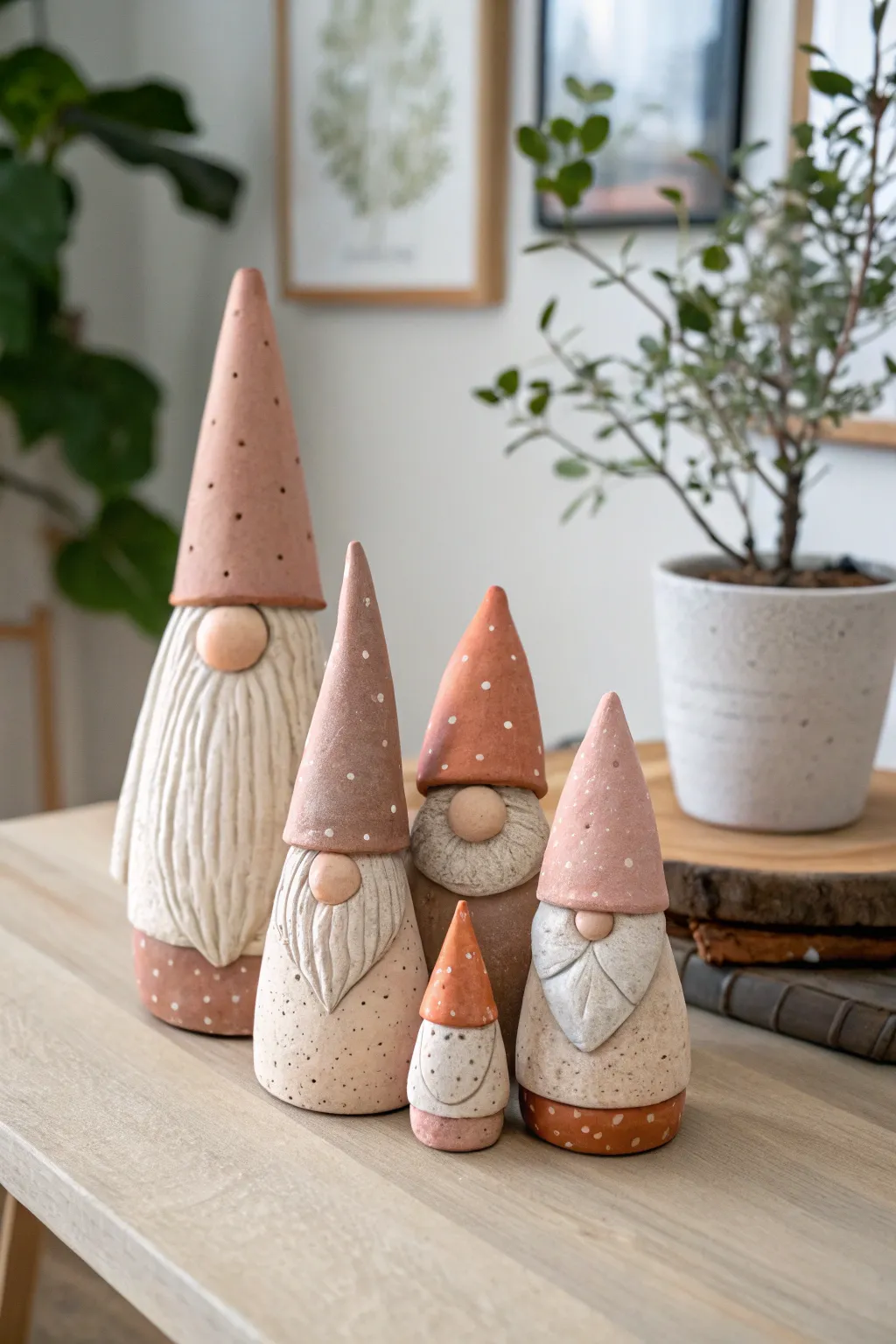 Cozy coordinated clay gnome family in two sizes, neutral tones and simple handmade charm