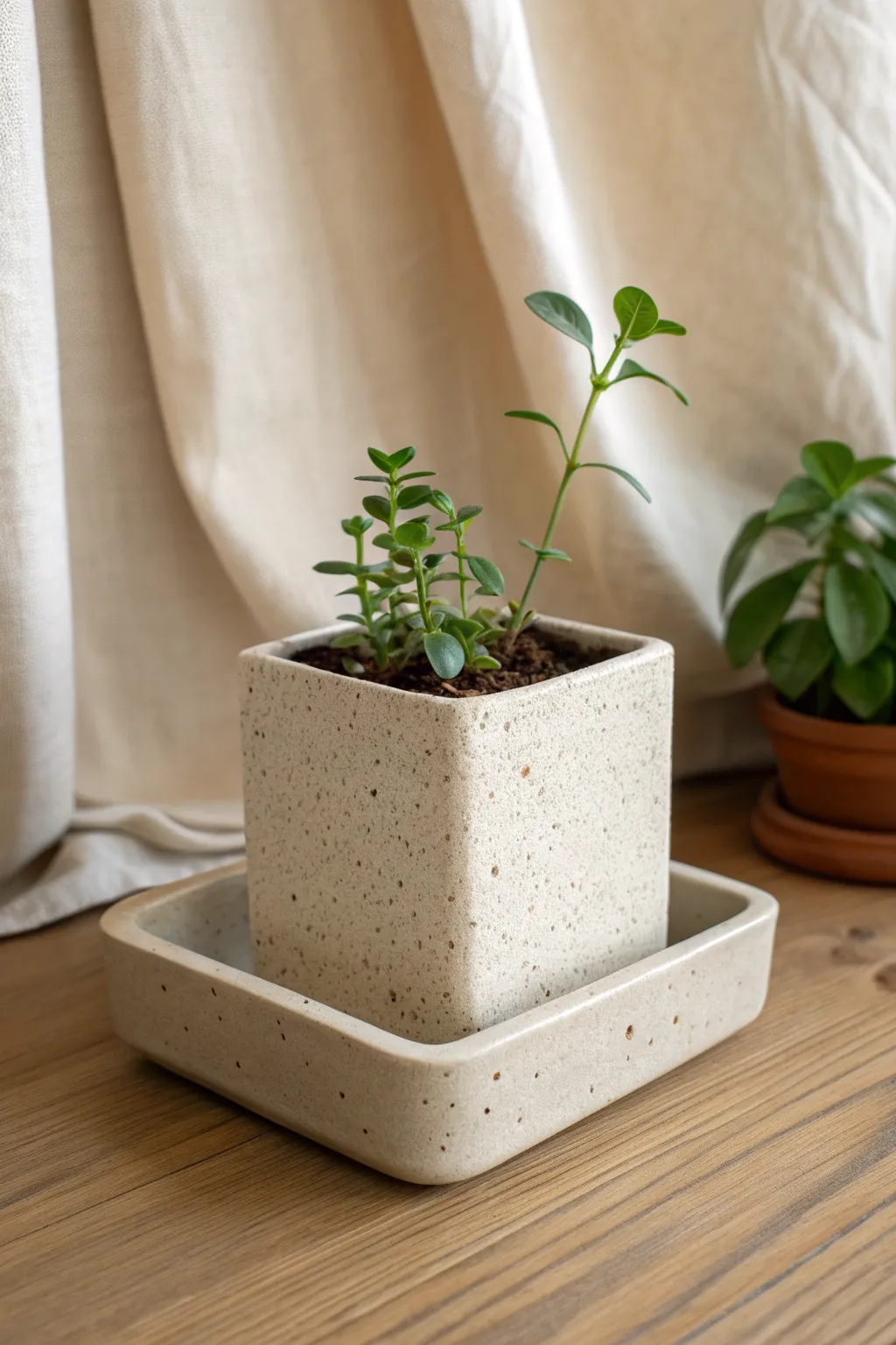 Simple slab-built planter with matching drip tray, clean lines and soft neutral tones.
