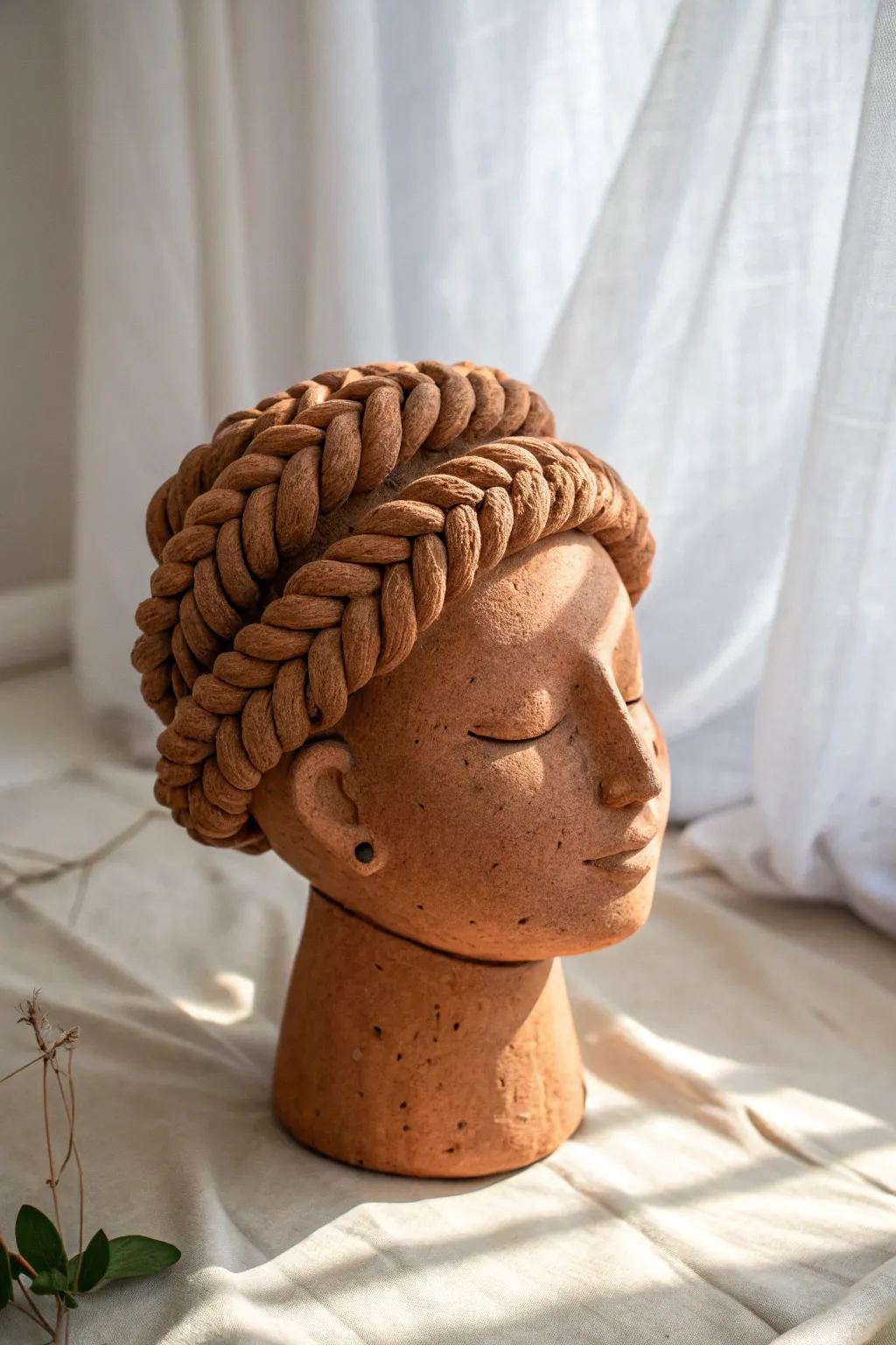 Coil-built braids crown this simple clay head, a cozy minimalist statement for your shelf.