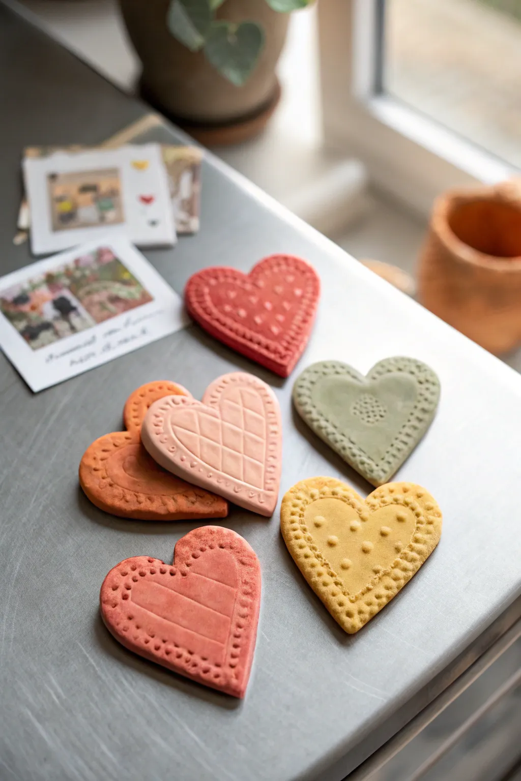 Bright clay heart magnets with simple textures, holding blank notes on metal in minimalist style.