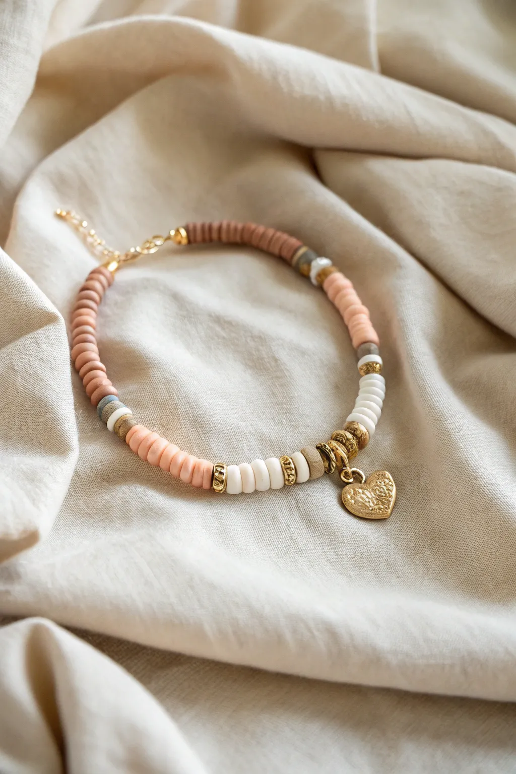 Charm-centered heishi bracelet with mirrored tones on linen for a clean, boho-minimal look
