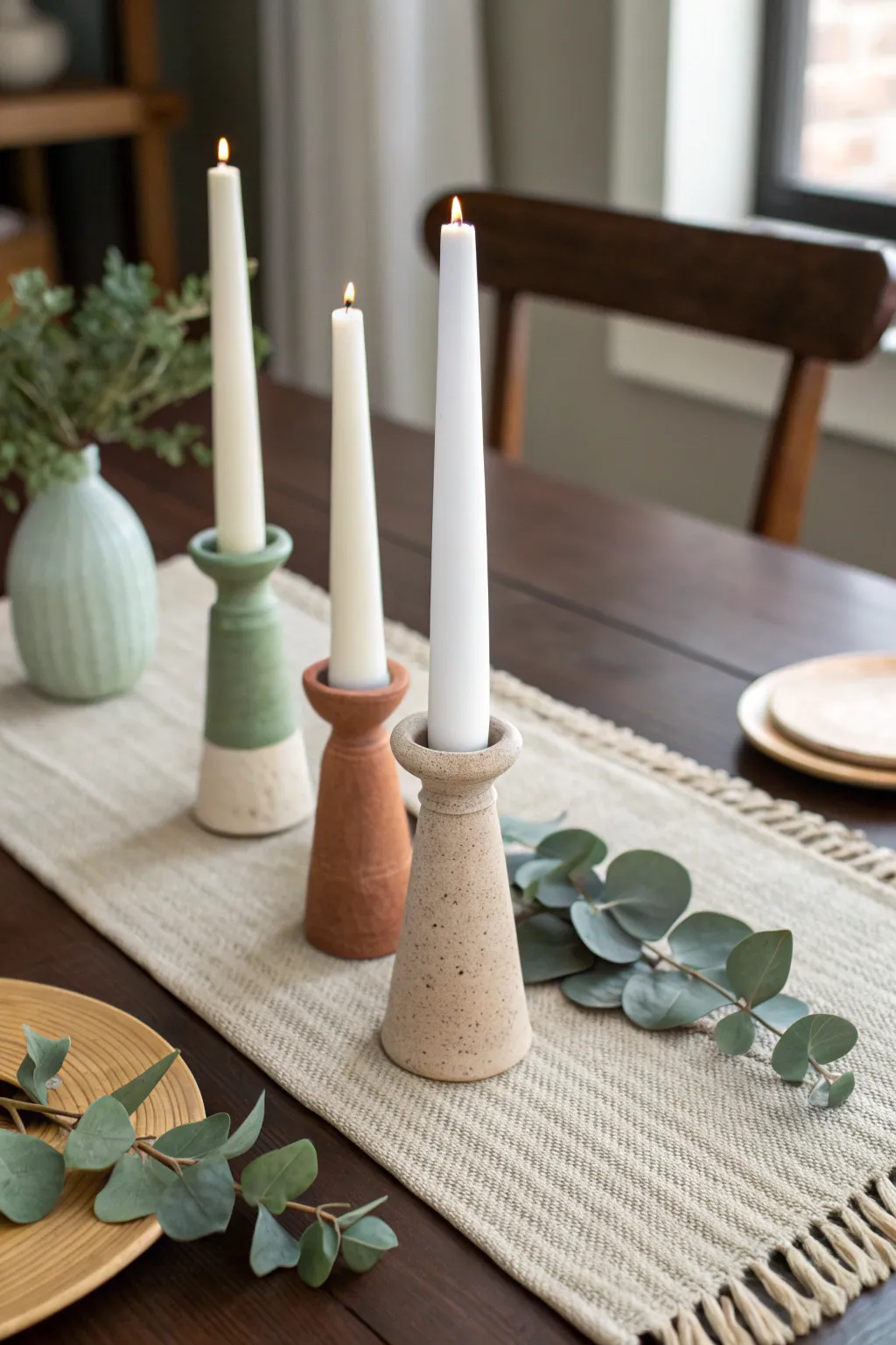 Minimal clay taper holder trio in earthy tones, styled with linen and fresh greenery.