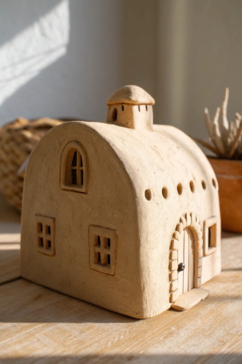 Adobe-inspired clay house with rounded corners, matte sand finish, minimalist boho charm.