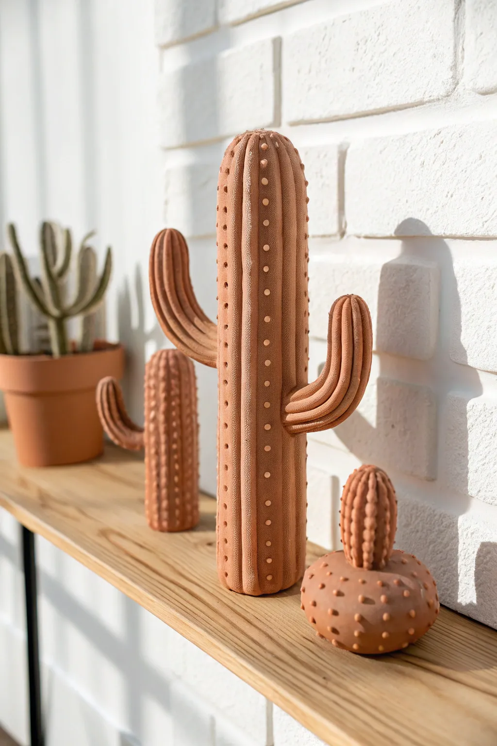 Chunky cactus trio in matte clay, a bold minimalist shelf accent with cozy boho charm