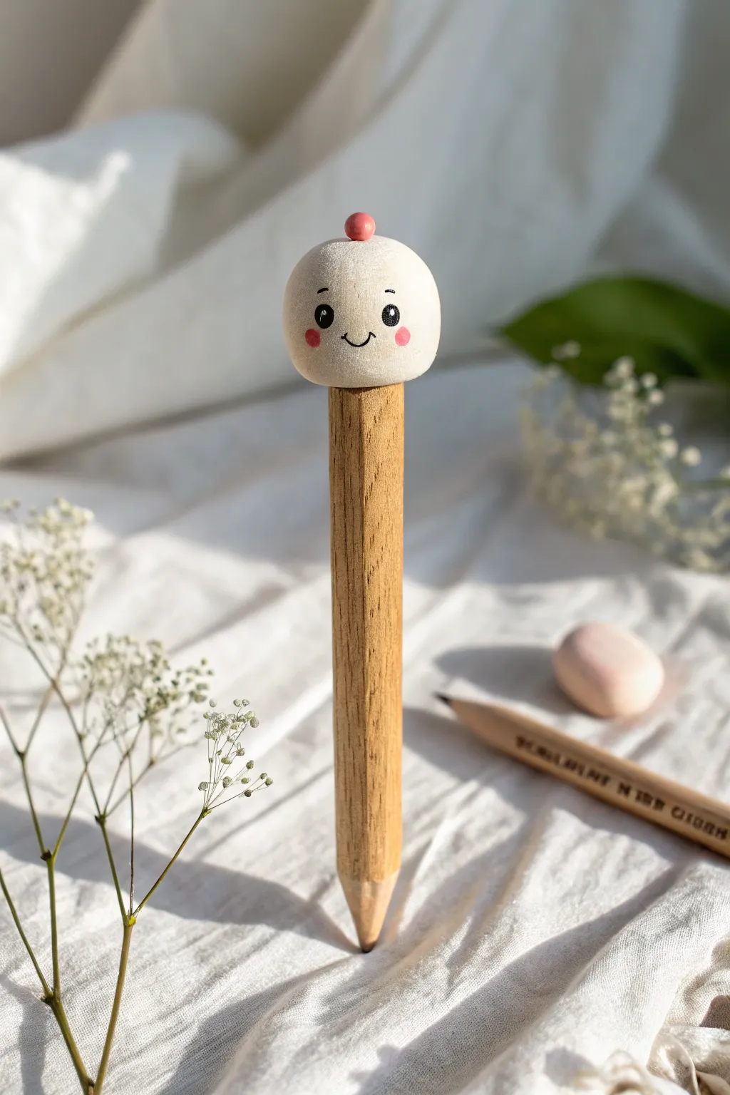 Adorable clay character pencil topper in minimalist Nordic style, perfect for easy DIY fun.