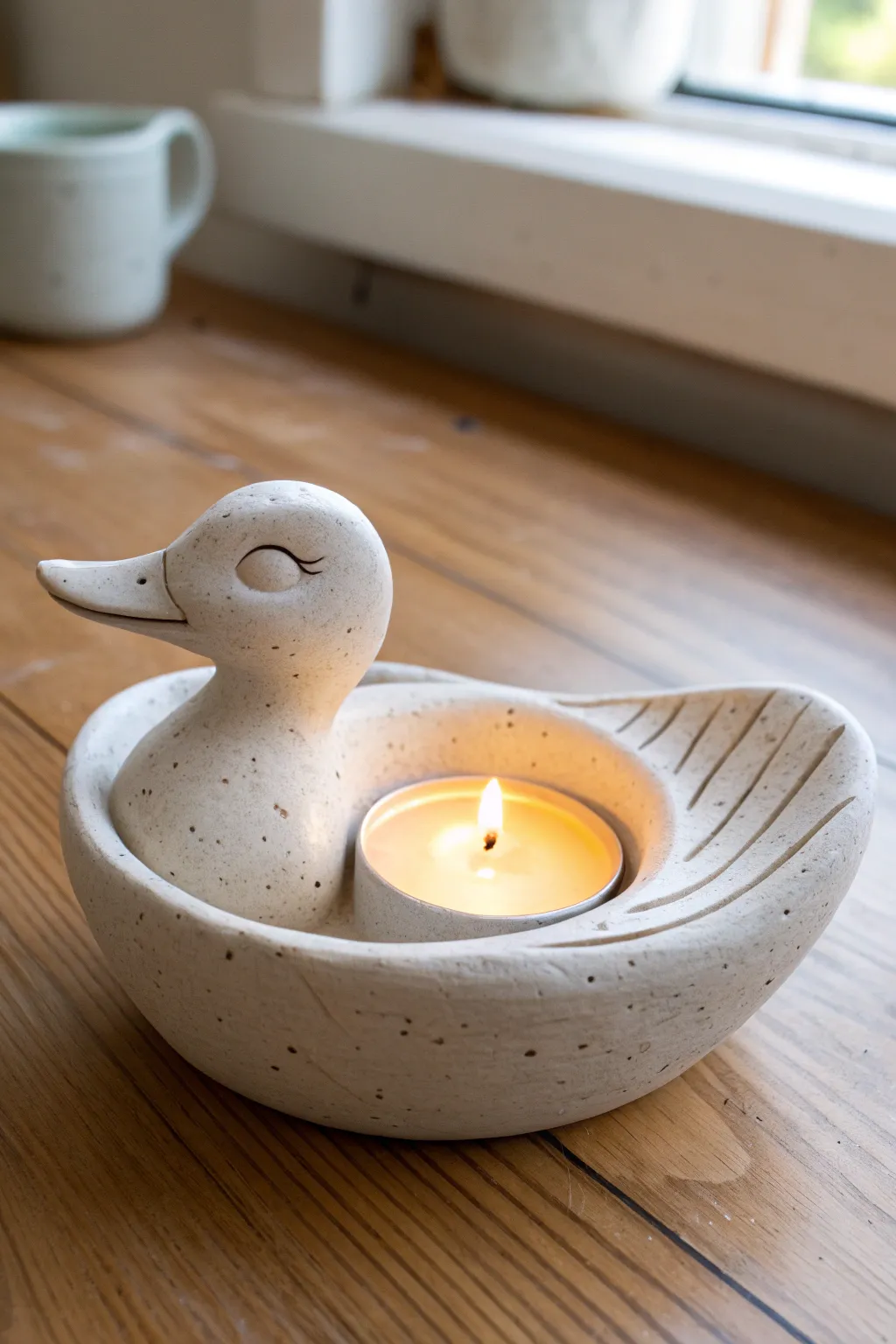 Minimal clay duck tea light holder in a tiny boat base, warm neutral tones and clean contrast