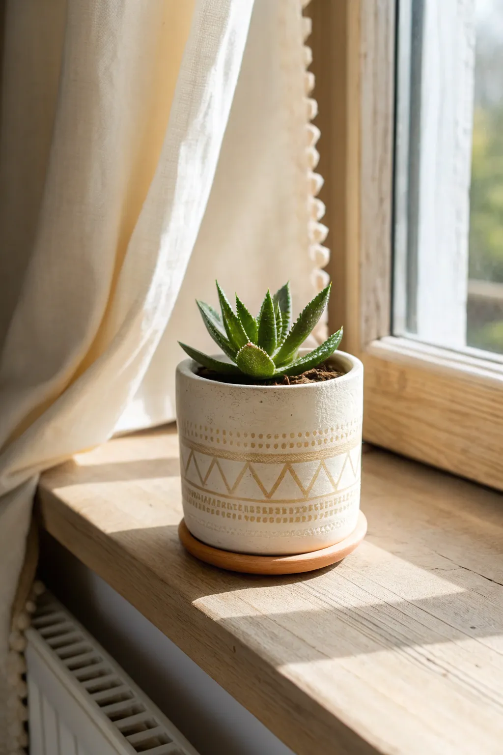 Matte stamped clay planter with a subtle pattern, styled on a bright windowsill with a succulent