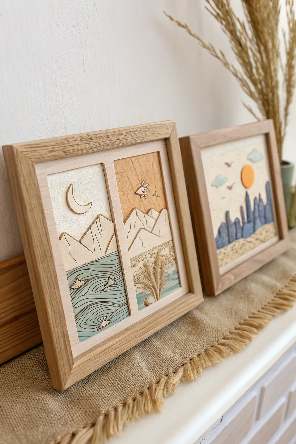 Minimalist relief tile trio with tiny scenes, perfect clay art class inspiration.
