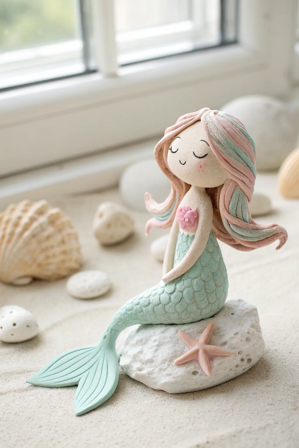 Soft pastel clay mermaid girl on a shell base, minimalist beachy charm for creative girls