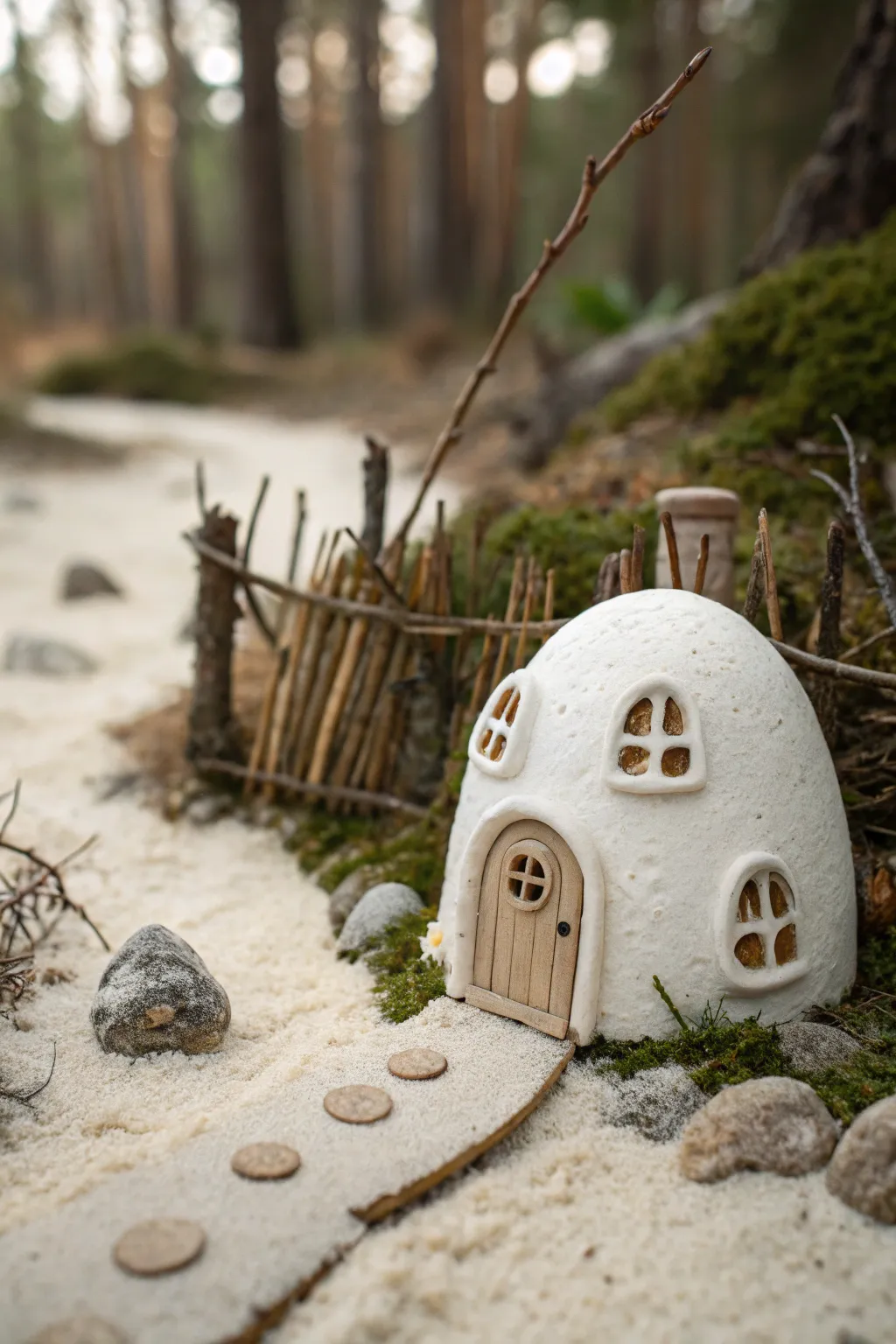 Tiny clay fairy house with pebble path and twig details, styled in a cozy mini forest scene
