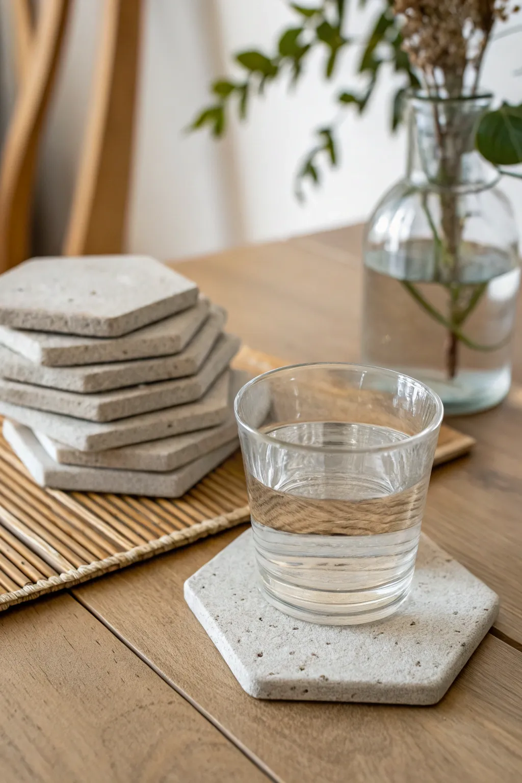 Concrete-look clay coasters stacked on light oak, minimalist and rugged with a soft boho feel.