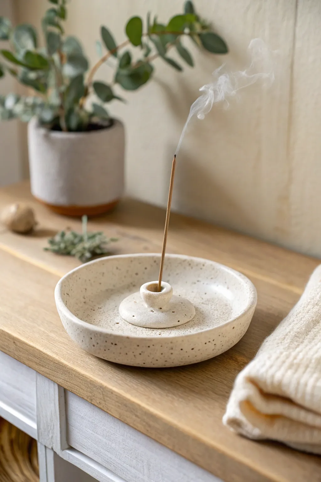 Minimalist clay incense holder with catch tray, styled for Moms spa-like unwind time