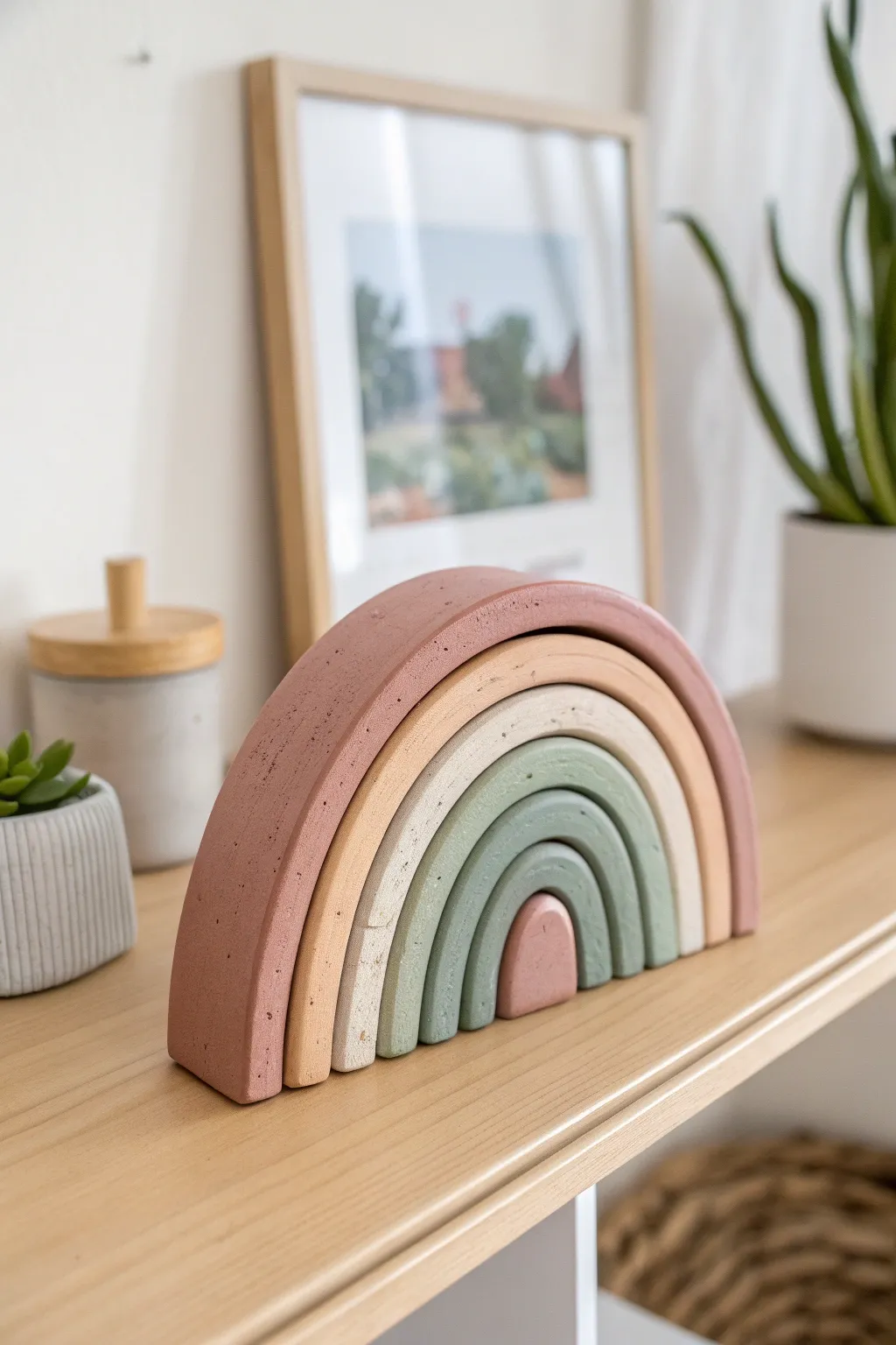 Muted clay rainbow arch decor for a cozy teen shelf, minimalist Scandinavian with boho warmth