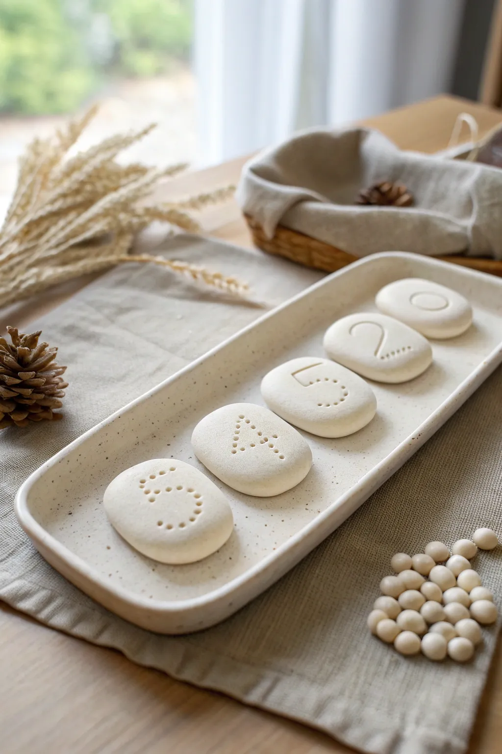 Minimal clay counting pebbles with raised dots and numbers for calm, toddler-friendly learning
