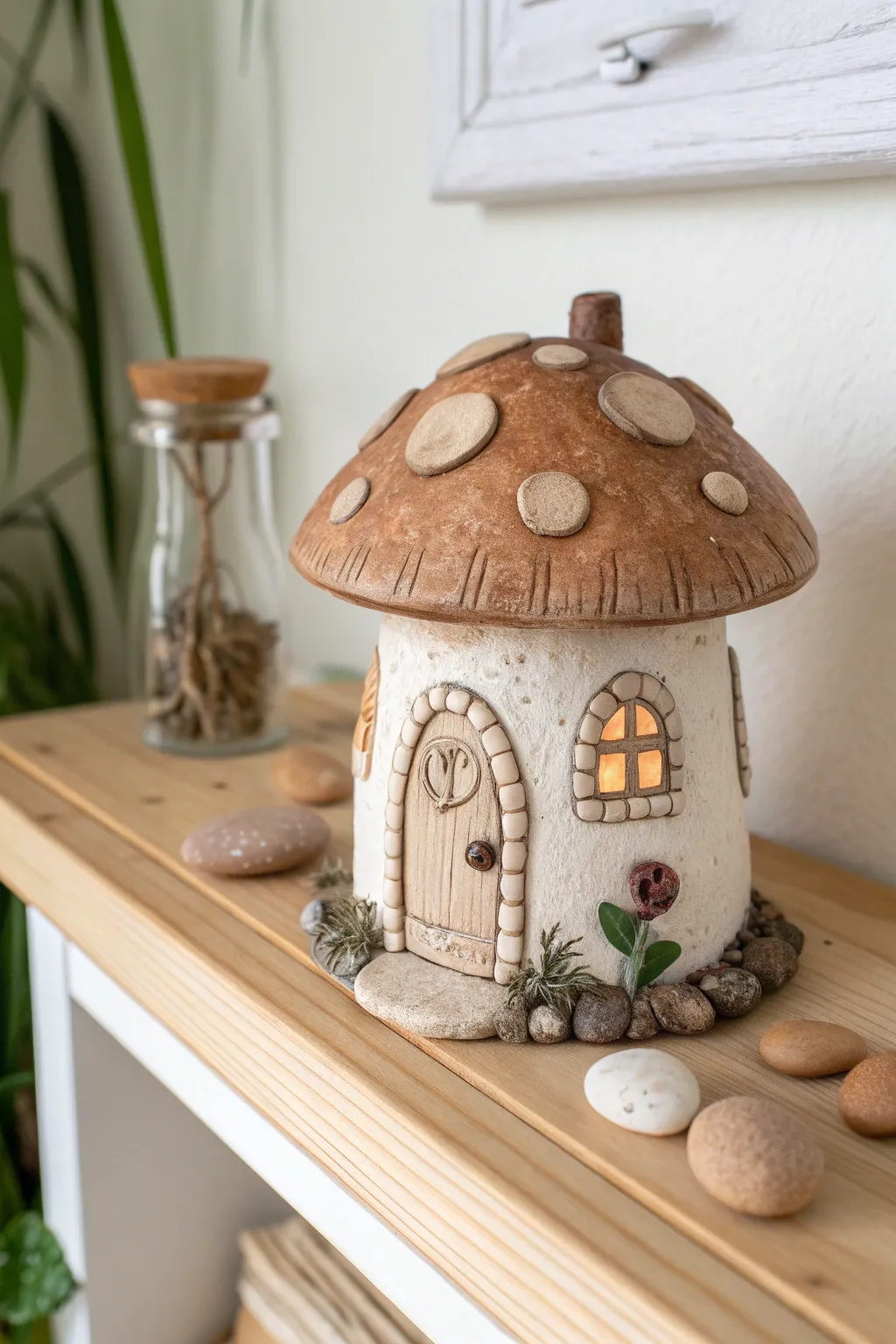 Handmade clay mini mushroom cottage with tiny windows, vines, and stones in Nordic-boho style.