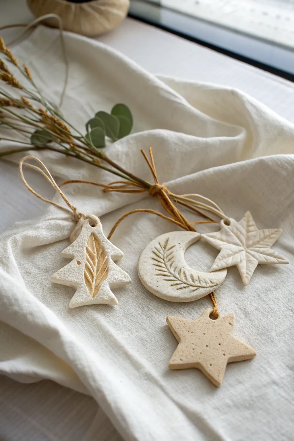 Seasonal clay ornaments in soft neutrals, tied with ribbon for a simple, giftable keepsake.