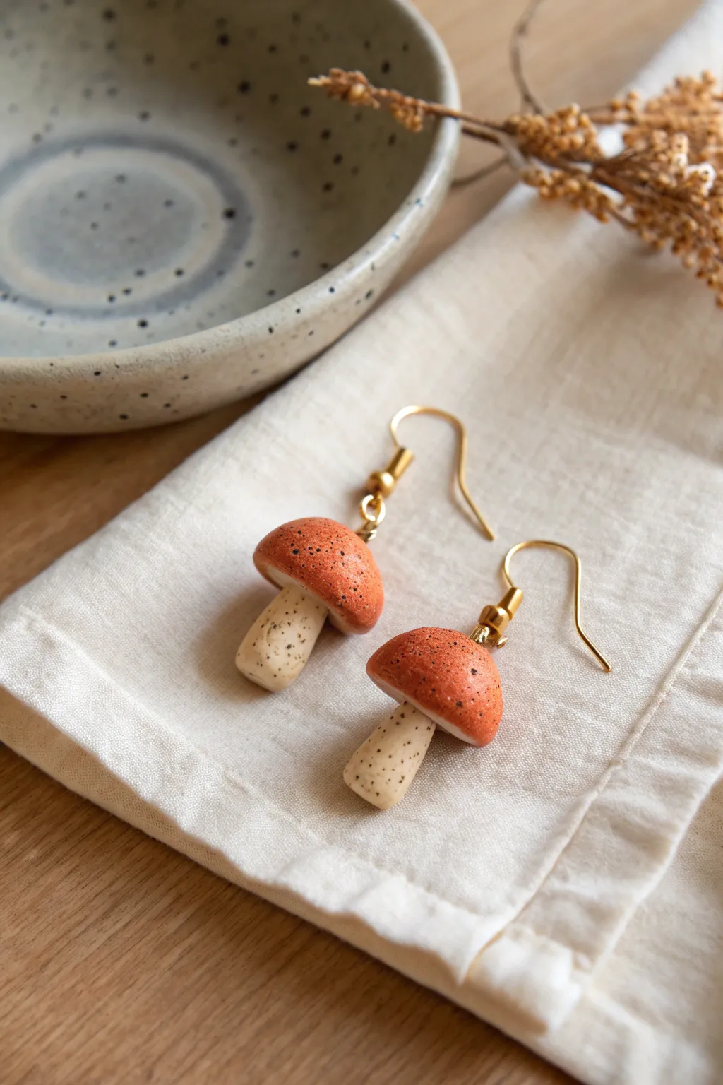 Tiny mushroom drop earrings in earthy clay tones, minimal and sweet for everyday wear.