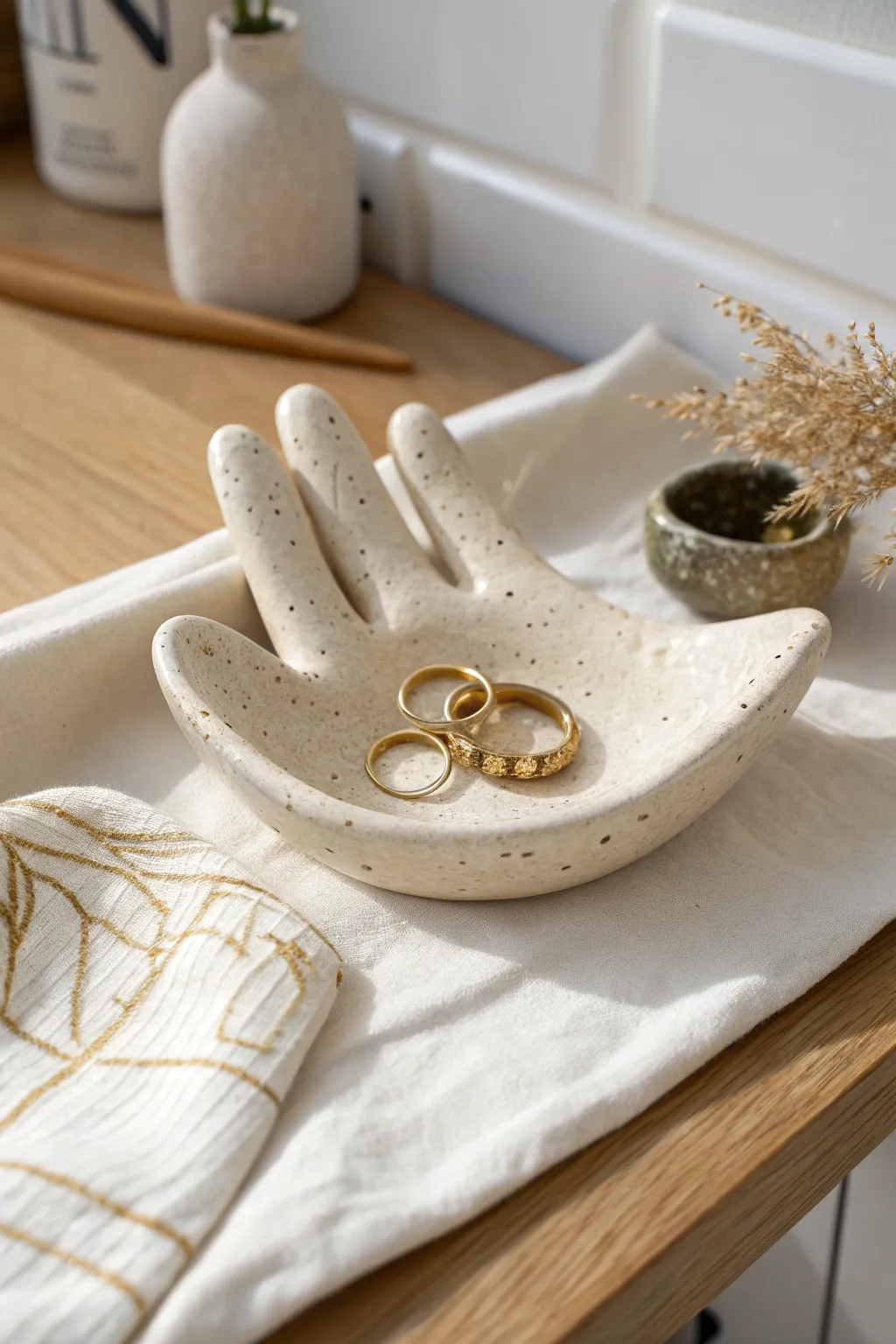 Soft, palm-shaped clay dish keeps rings on finger bumps and earrings safely in the palm.