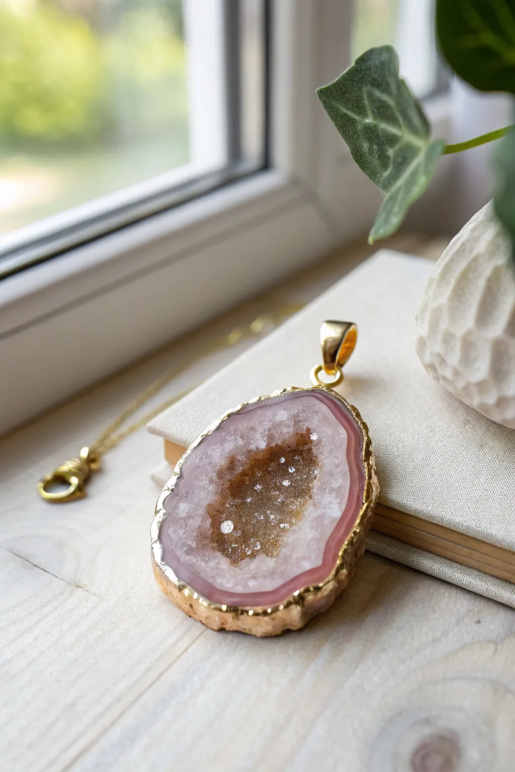 Faux geode clay pendant with shimmering crystal center, minimalist boho jewelry inspiration